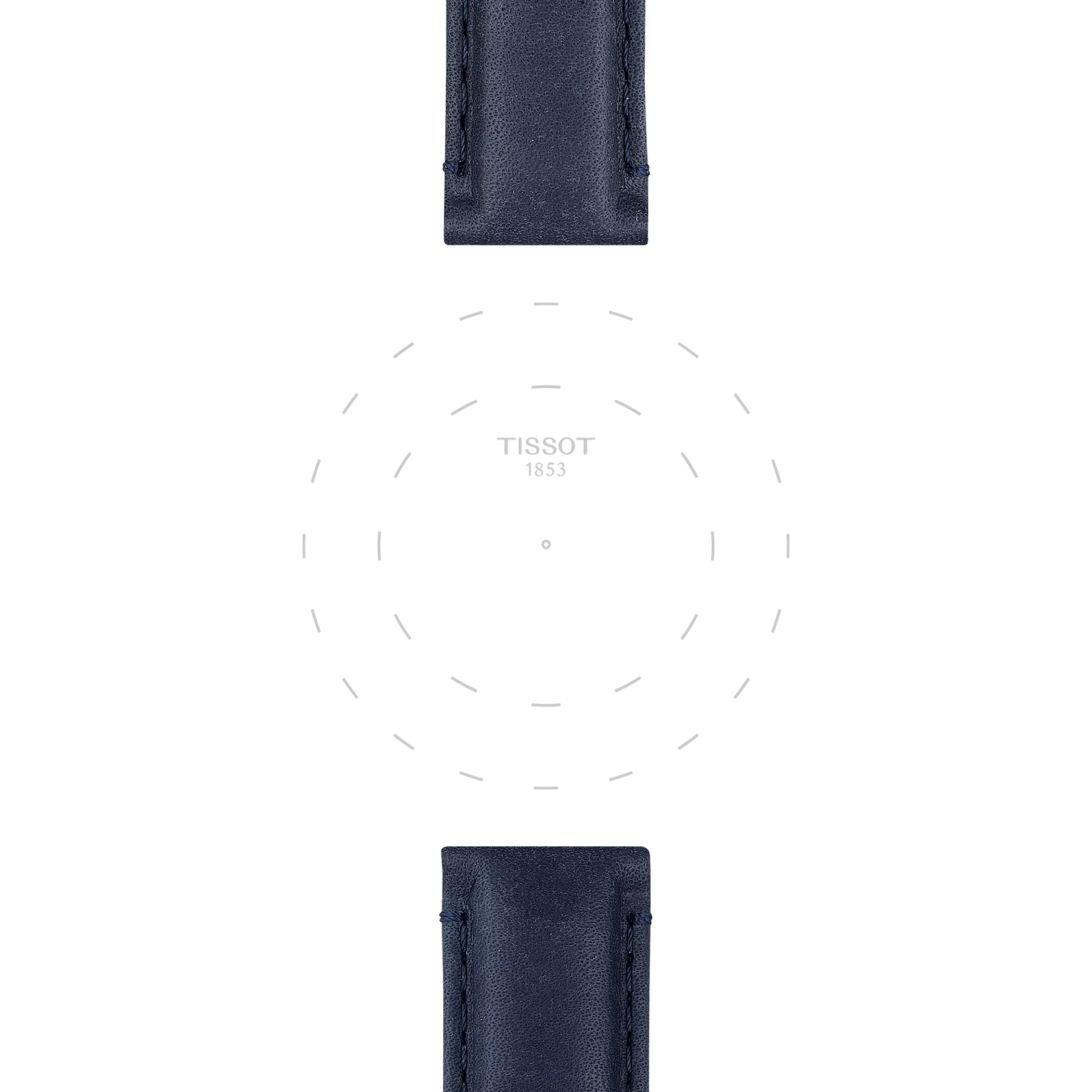 Two Tissot Official Blue Leather Strap Lugs, 20 mm, are displayed at the top and bottom of a white background, framing a faint outline of a watch face featuring the “Tissot 1853” label in the center. No watch hands or numbers are visible.
