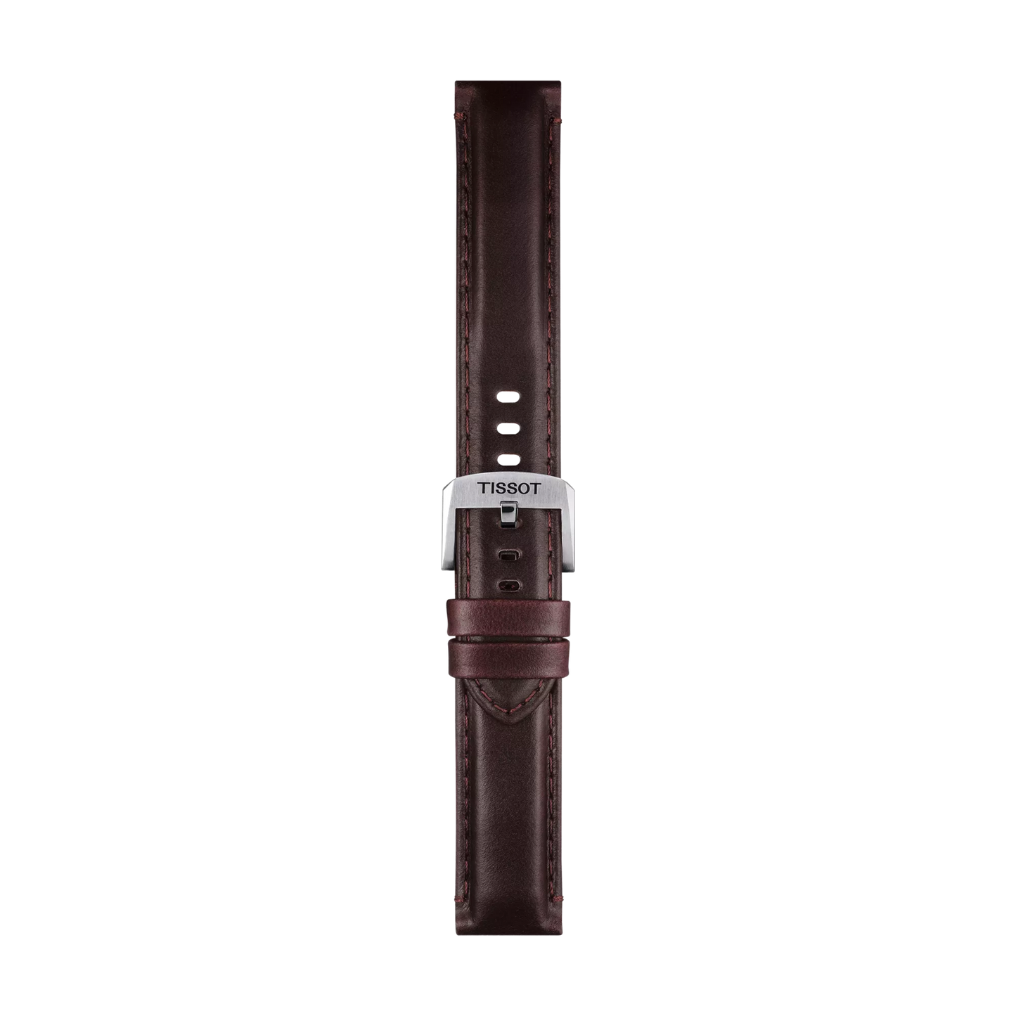The Tissot Official Brown Leather Strap Lugs 20 mm is displayed laid flat, featuring a silver buckle with the Tissot logo, set against a plain white background.