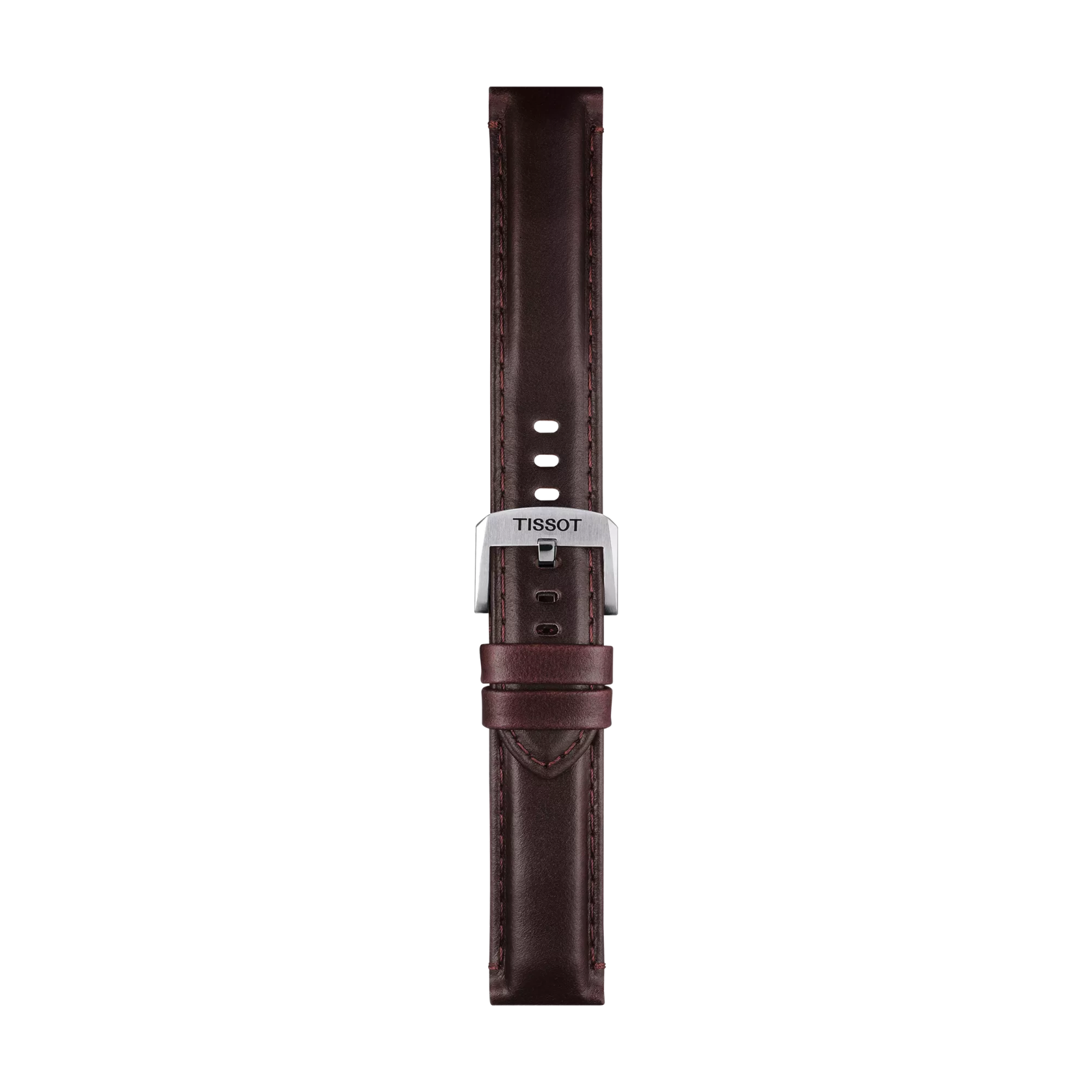 The Tissot Official Brown Leather Strap Lugs 20 mm is displayed laid flat, featuring a silver buckle with the Tissot logo, set against a plain white background.
