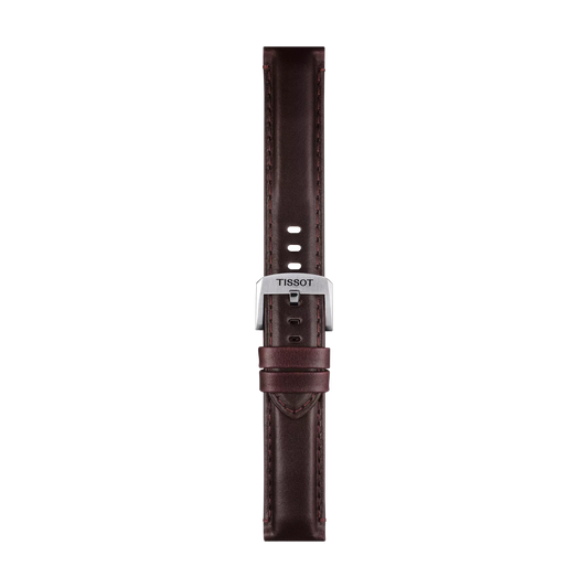 The Tissot Official Brown Leather Strap Lugs 20 mm is displayed laid flat, featuring a silver buckle with the Tissot logo, set against a plain white background.