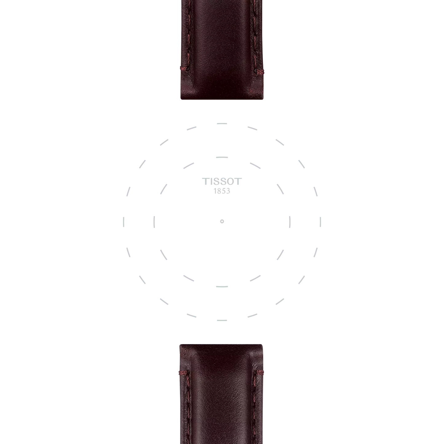 A minimalist image featuring only the top and bottom sections of the Tissot Official Brown Leather Strap Lugs 20 mm, with the Tissot logo and "1853" centered on a plain white background. No watch face or hands are visible.