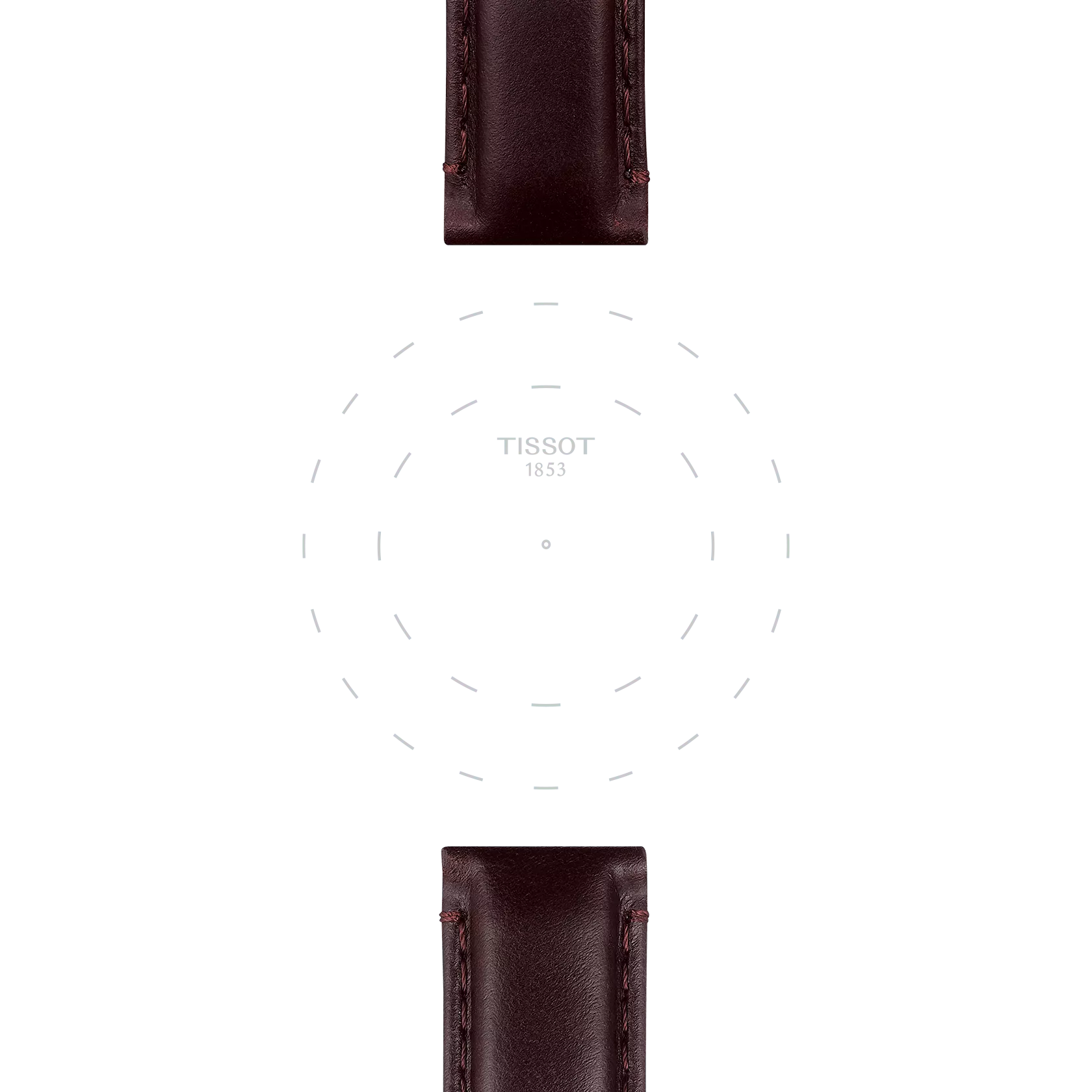 A minimalist image featuring only the top and bottom sections of the Tissot Official Brown Leather Strap Lugs 20 mm, with the Tissot logo and "1853" centered on a plain white background. No watch face or hands are visible.