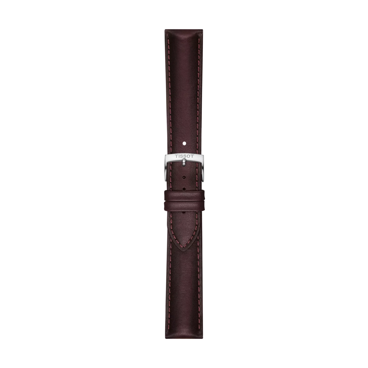 The Tissot Official Brown Leather Strap with 20 mm lugs features visible stitching and a silver buckle engraved with "TISSOT," displayed vertically on a white background.