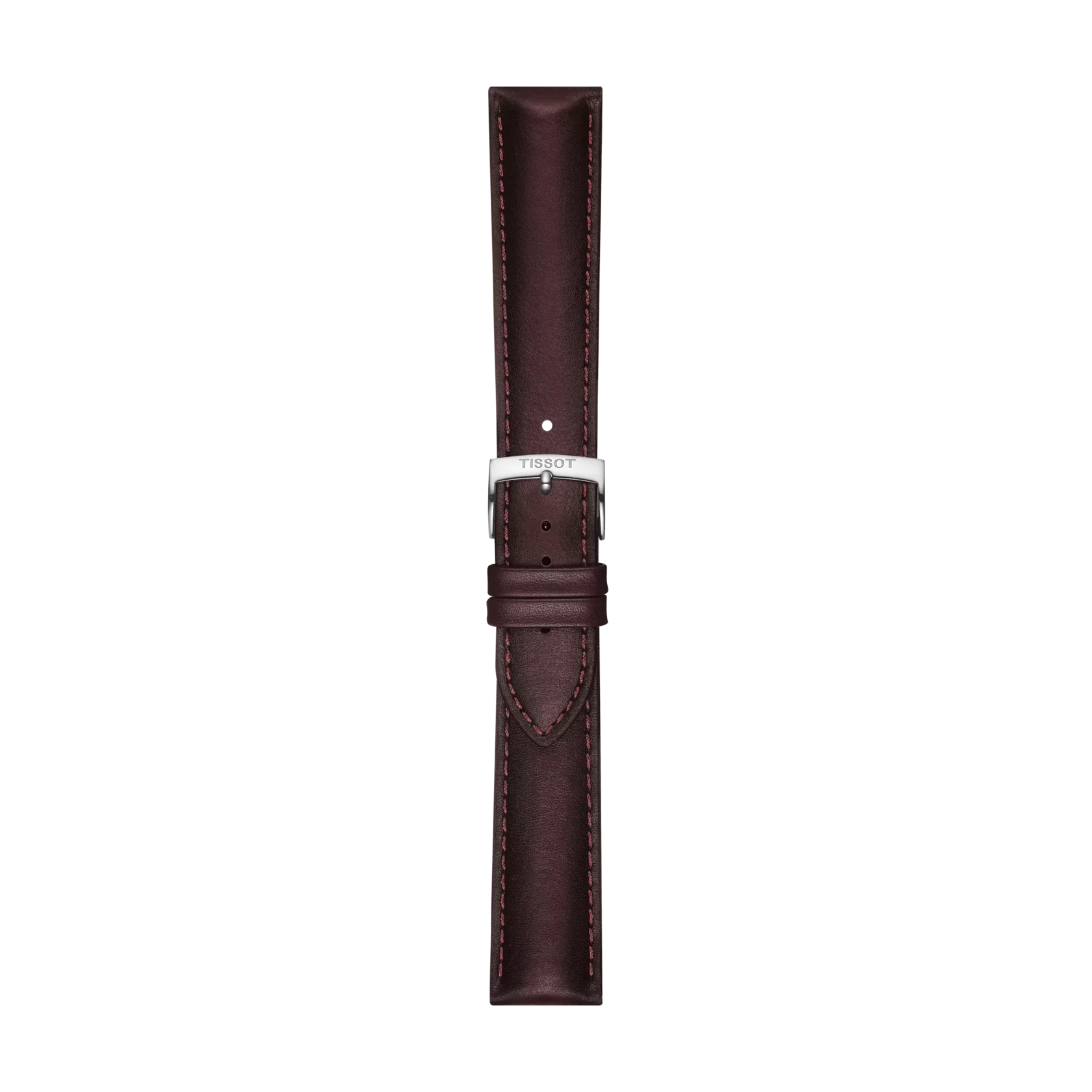 The Tissot Official Brown Leather Strap with 20 mm lugs features visible stitching and a silver buckle engraved with "TISSOT," displayed vertically on a white background.