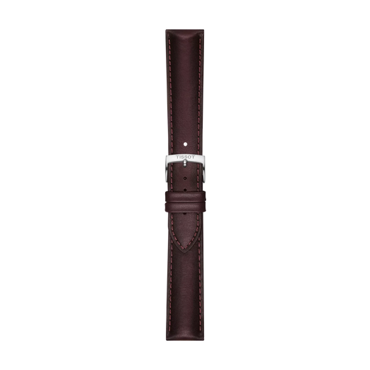 The Tissot Official Brown Leather Strap with 20 mm lugs features visible stitching and a silver buckle engraved with "TISSOT," displayed vertically on a white background.