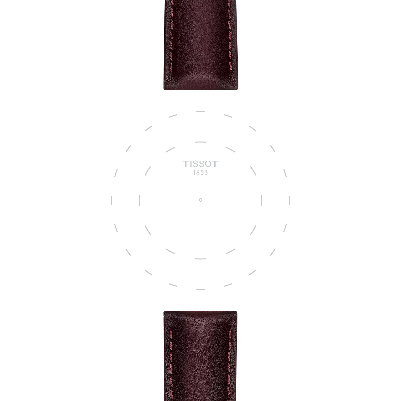 A Tissot Official brown leather strap with 20 mm lugs appears at the top and bottom, framing a white background with faint circular lines and the "TISSOT 1853" text in the center.