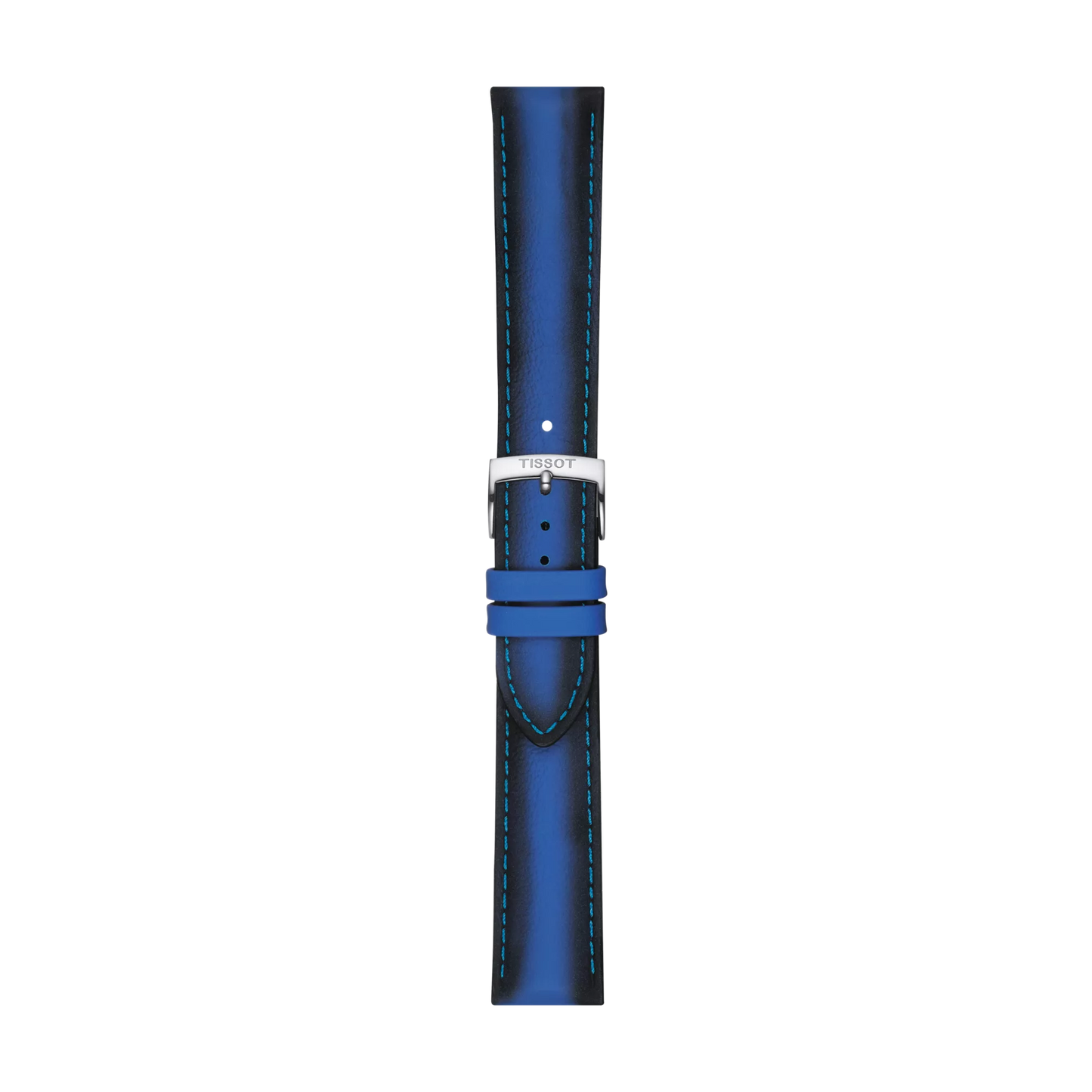 The Tissot Official Blue Leather Strap, featuring light blue stitching and a silver buckle, is displayed vertically on a white background. This 20 mm strap is branded "Tissot.