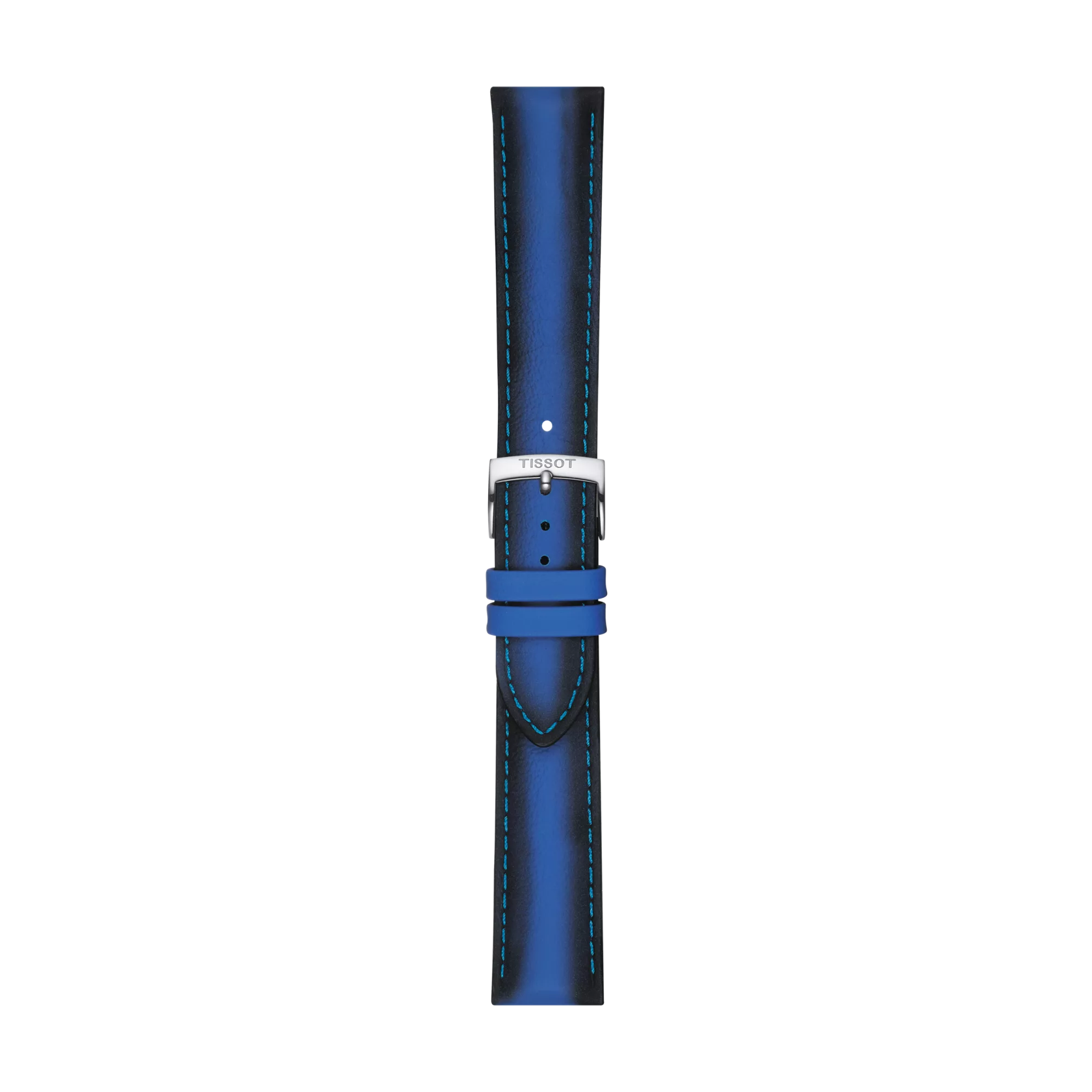 The Tissot Official Blue Leather Strap, featuring light blue stitching and a silver buckle, is displayed vertically on a white background. This 20 mm strap is branded "Tissot.