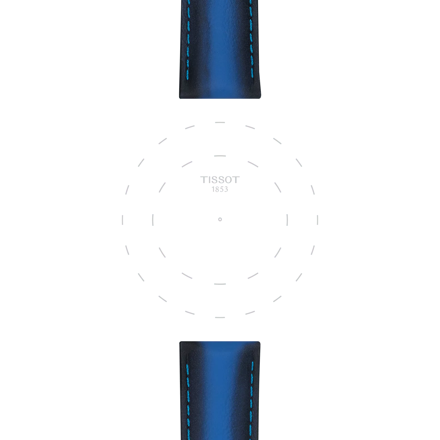 Two Tissot Official Blue Leather Strap Lugs (20 mm), one positioned at the top and one at the bottom, frame a white background featuring a faint watch face outline with the word "TISSOT 1853" in the center.