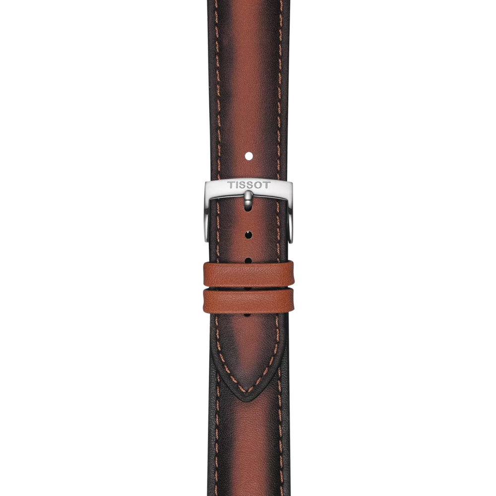 Tissot Official Brown Leather Strap, designed for 20 mm lugs, features black edges, light brown stitching, and a silver buckle engraved with the Tissot logo.
