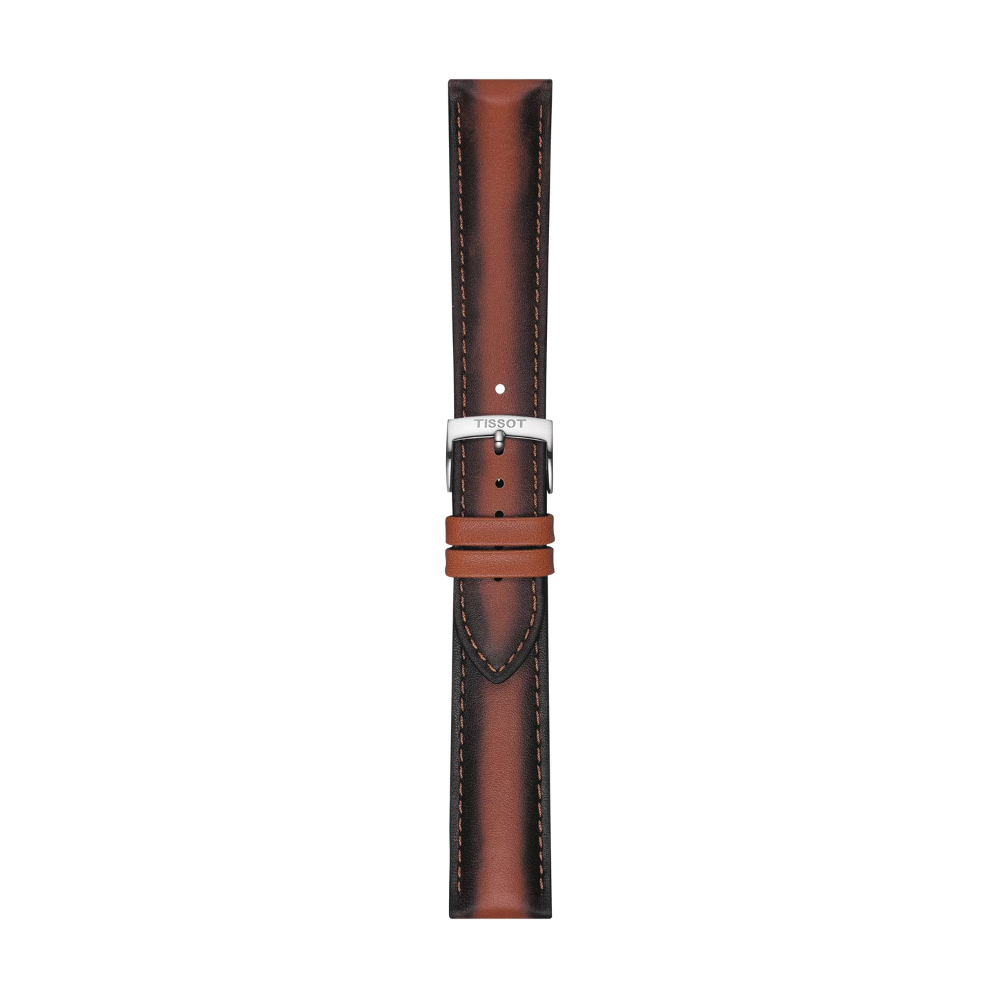 The Tissot Official Brown Leather Strap features 20 mm lugs, darker edges, light stitching, a silver buckle engraved with "Tissot," and two loops for securing the strap. It is shown vertically against a white background.