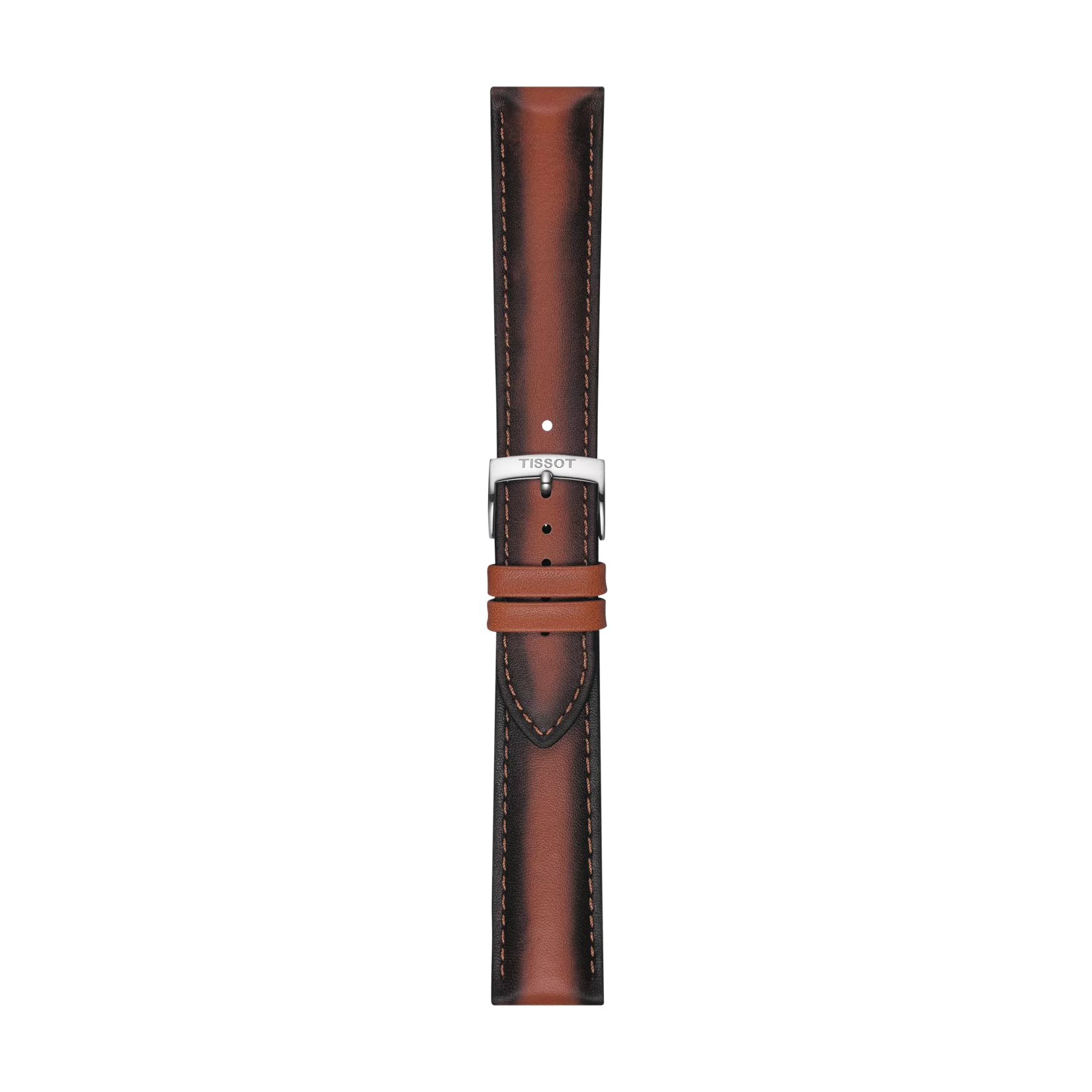 The Tissot Official Brown Leather Strap features 20 mm lugs, darker edges, light stitching, a silver buckle engraved with "Tissot," and two loops for securing the strap. It is shown vertically against a white background.