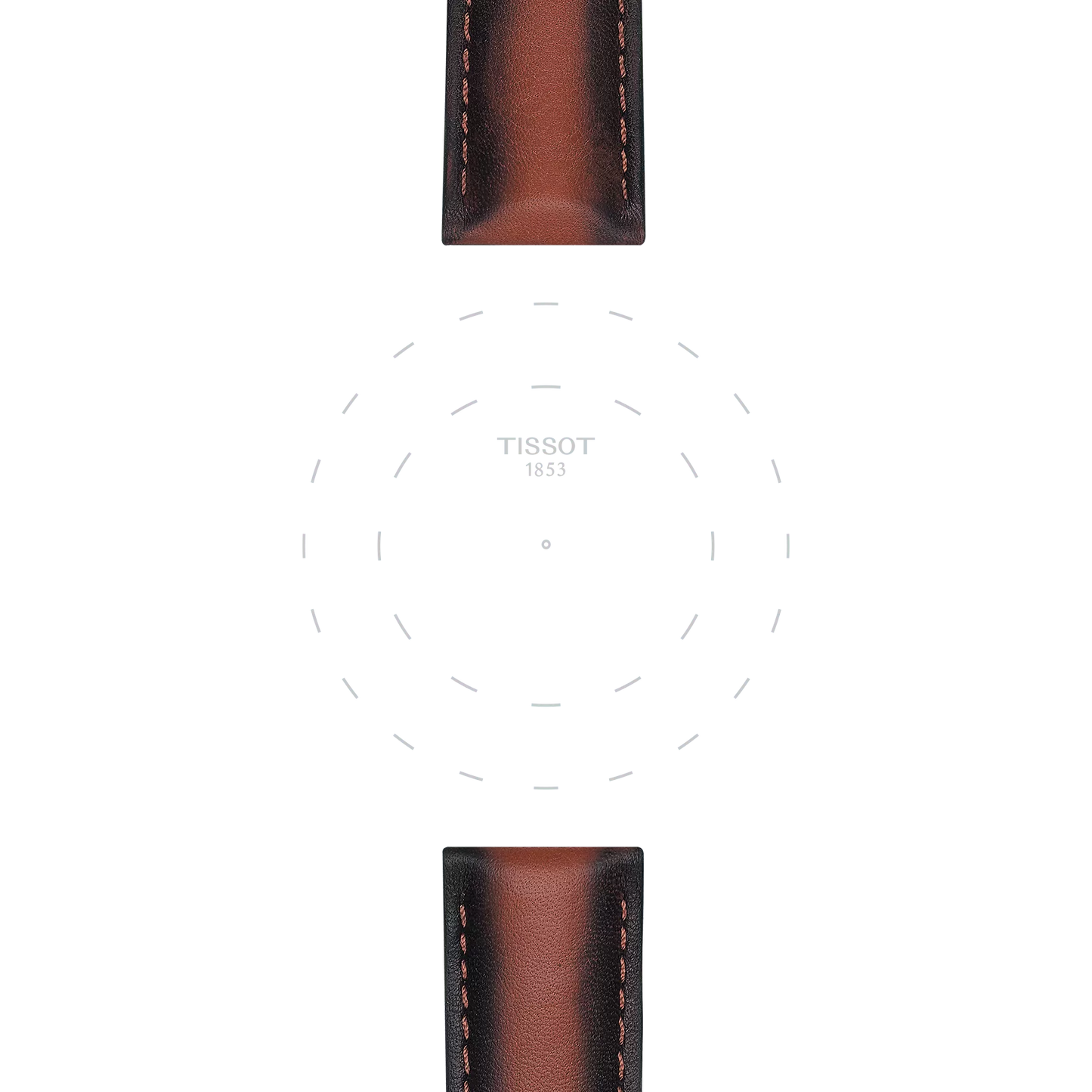 Tissot Official Brown Leather Strap, 20 mm lugs, features brown leather with contrasting black edges at the top and bottom. It is showcased against a white background adorned with faint dotted circles and the central "TISSOT 1853" logo, with no watch face or hands visible.