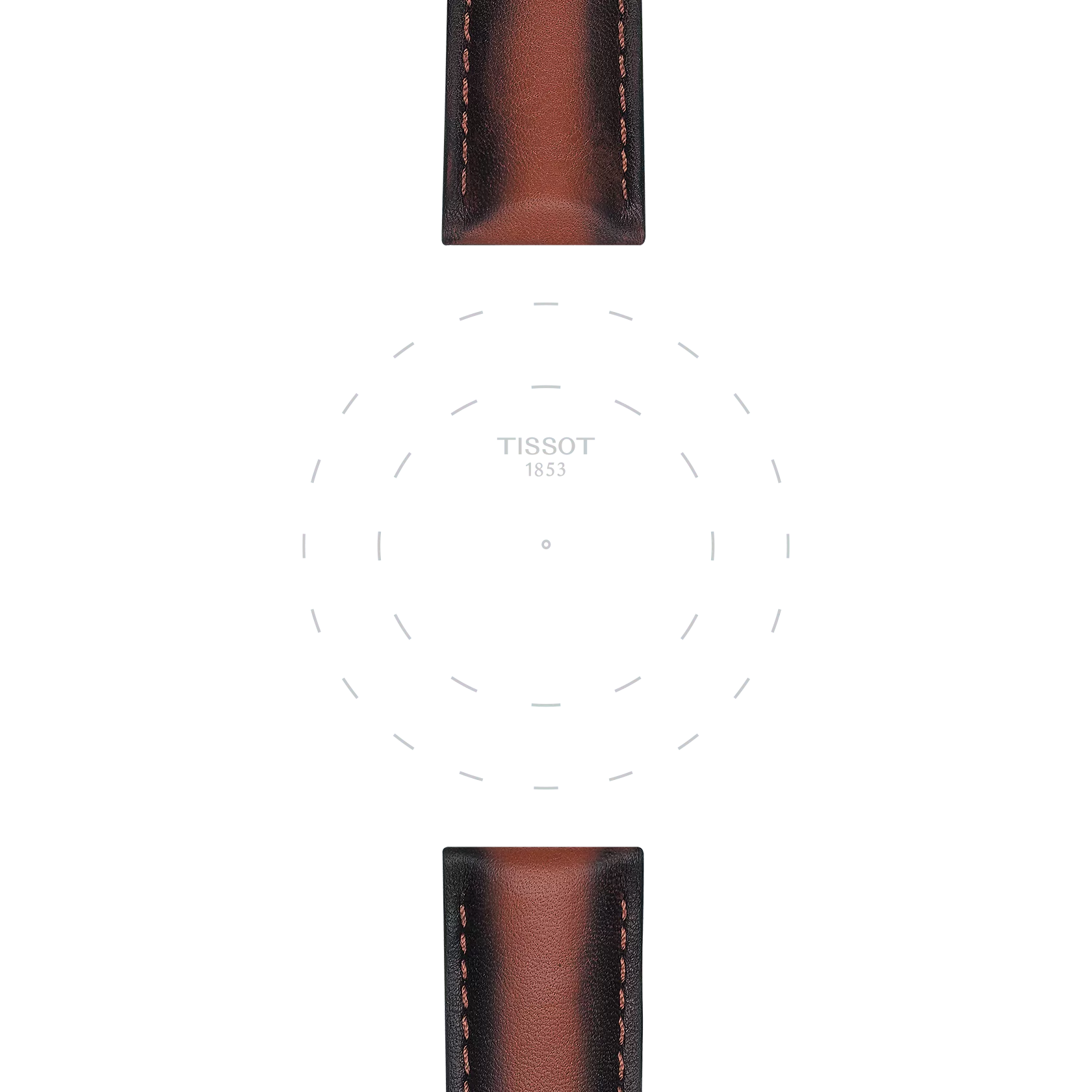 Tissot Official Brown Leather Strap, 20 mm lugs, features brown leather with contrasting black edges at the top and bottom. It is showcased against a white background adorned with faint dotted circles and the central "TISSOT 1853" logo, with no watch face or hands visible.