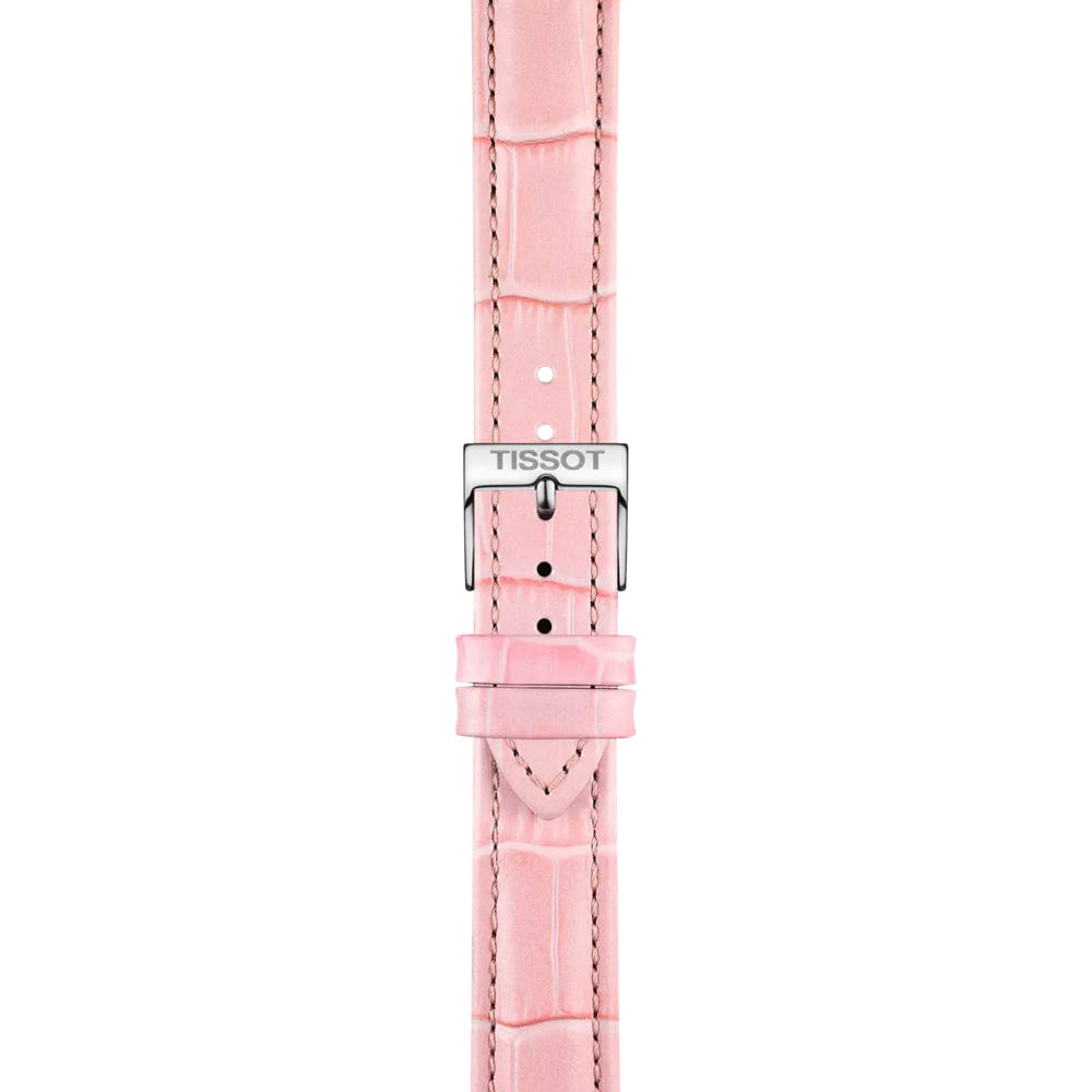 The Tissot Official Pink Leather Strap Lugs 16 mm features a crocodile pattern and a silver buckle engraved with the Tissot logo, shown vertically against a white background.