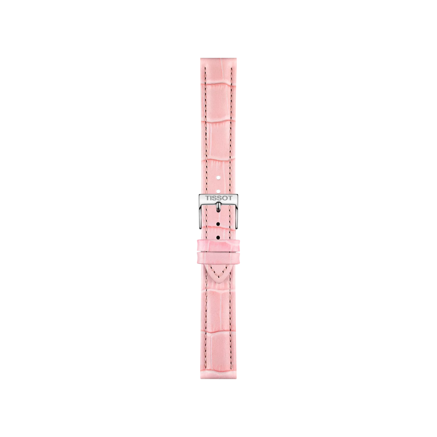 A Tissot Official Pink Leather Strap (Lug Width 16 mm) with a silver buckle engraved with "TISSOT," displayed vertically on a white background.