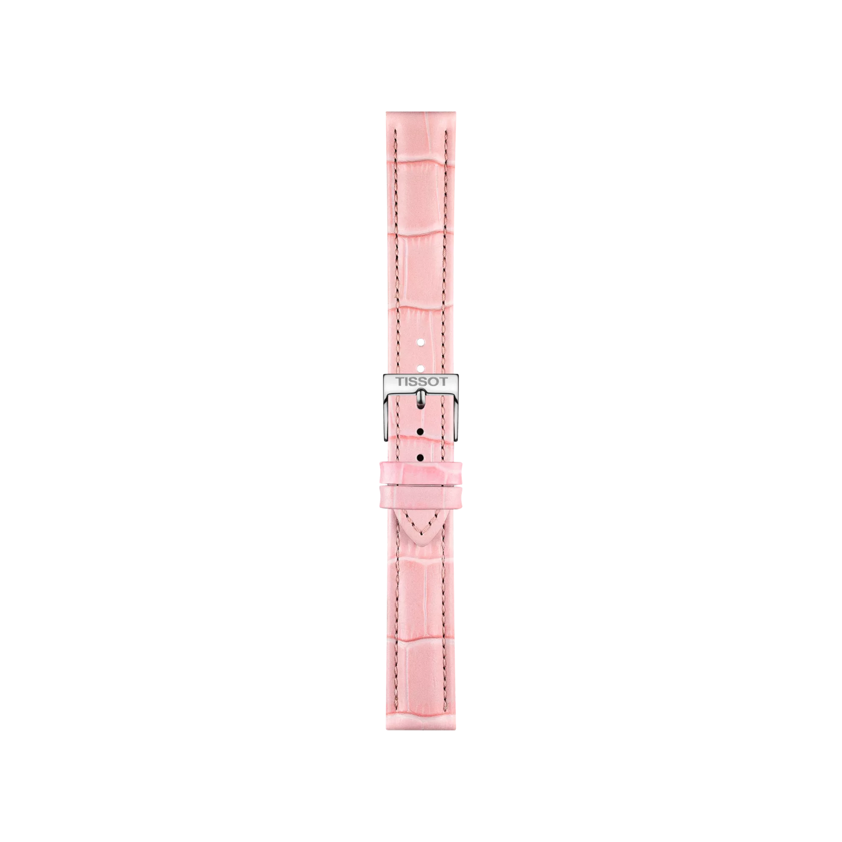 A Tissot Official Pink Leather Strap (Lug Width 16 mm) with a silver buckle engraved with "TISSOT," displayed vertically on a white background.