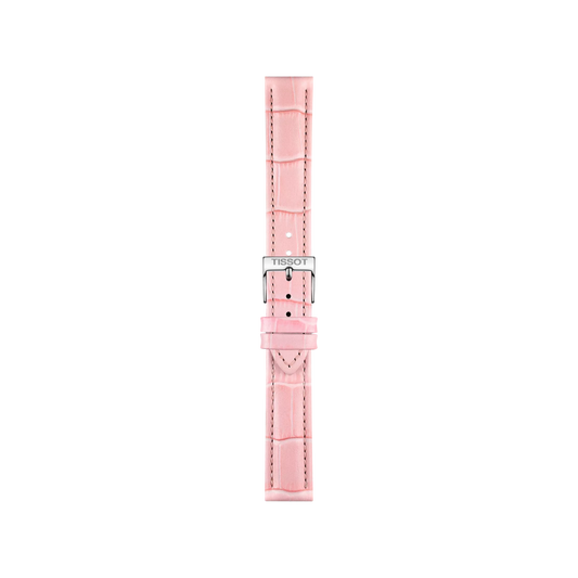 A Tissot Official Pink Leather Strap (Lug Width 16 mm) with a silver buckle engraved with "TISSOT," displayed vertically on a white background.