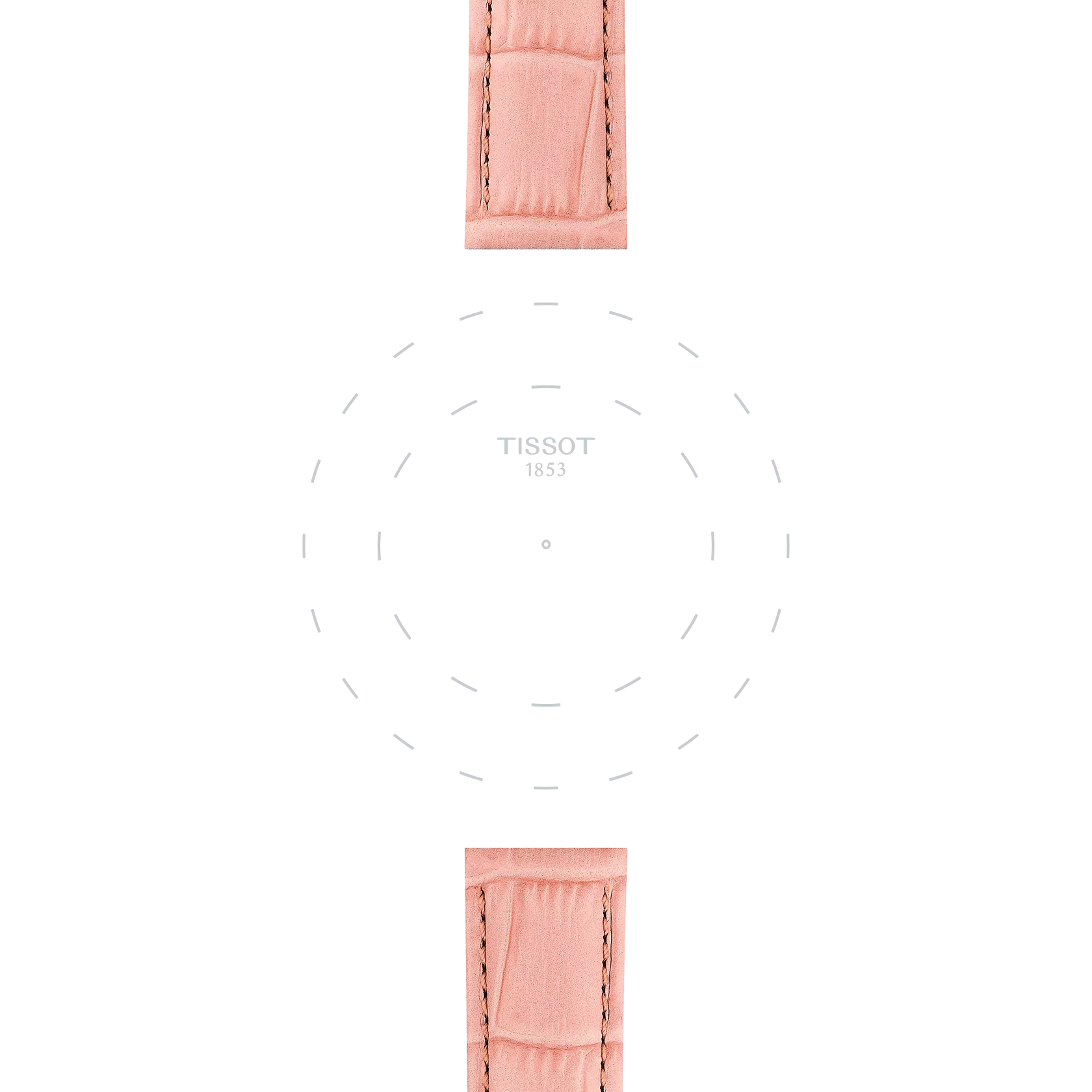 A minimalist watch face featuring the "Tissot" branding at the center, paired with the Tissot Official Pink Leather Strap (Lugs 16 mm) attached at the top and bottom. The dial displays only dotted hour markers, with no hands or numbers present.