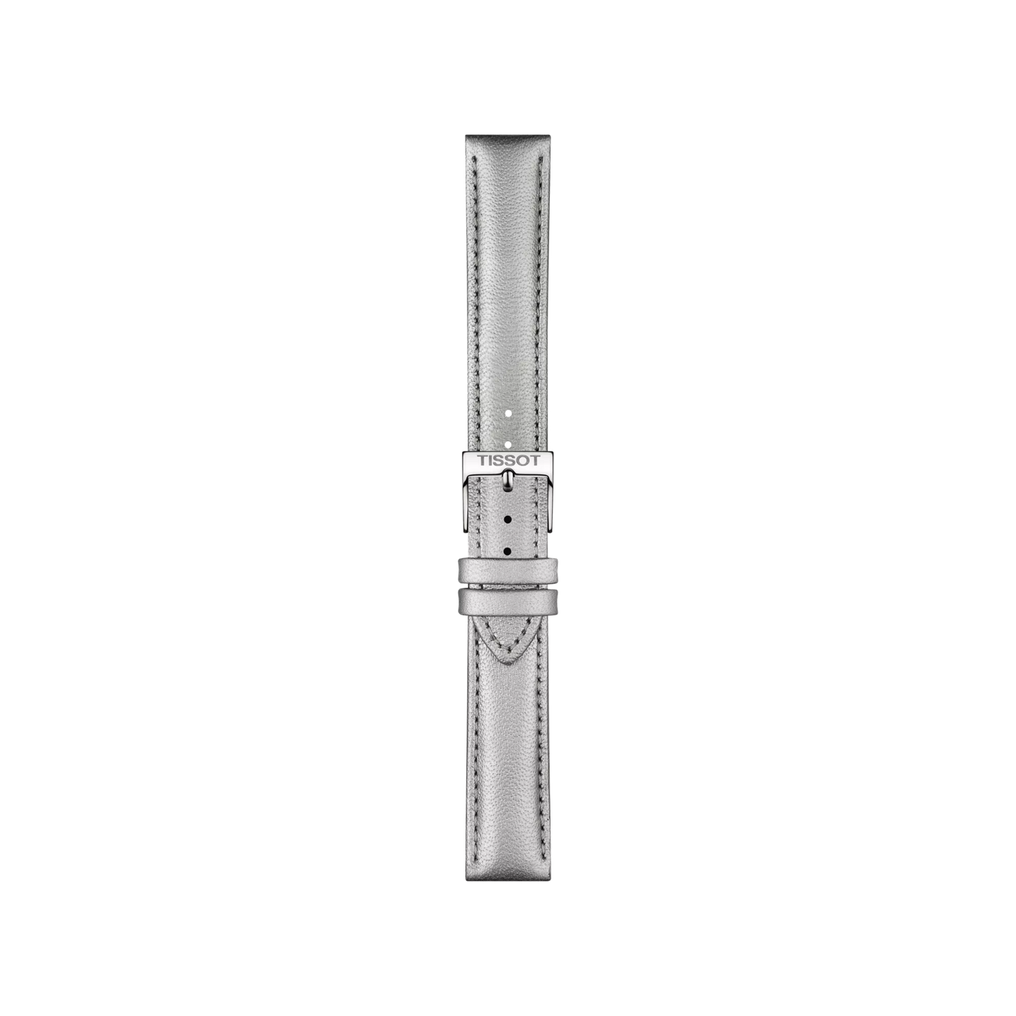 Tissot Official Grey Leather Strap with 16 mm lugs, featuring edge stitching, a polished buckle clasp engraved with "Tissot," and multiple adjustment holes, displayed vertically on a plain white background.