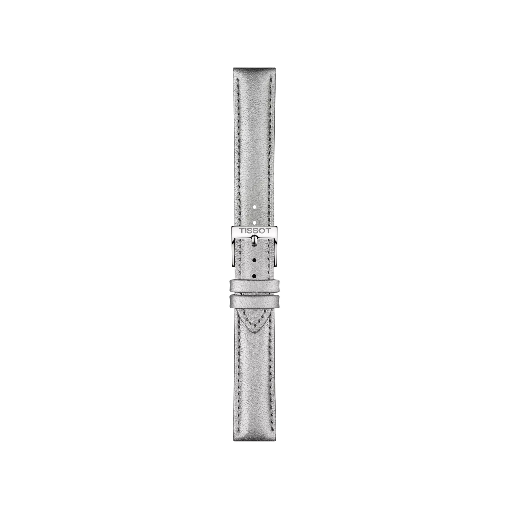 Tissot Official Grey Leather Strap with 16 mm lugs, featuring edge stitching, a polished buckle clasp engraved with "Tissot," and multiple adjustment holes, displayed vertically on a plain white background.