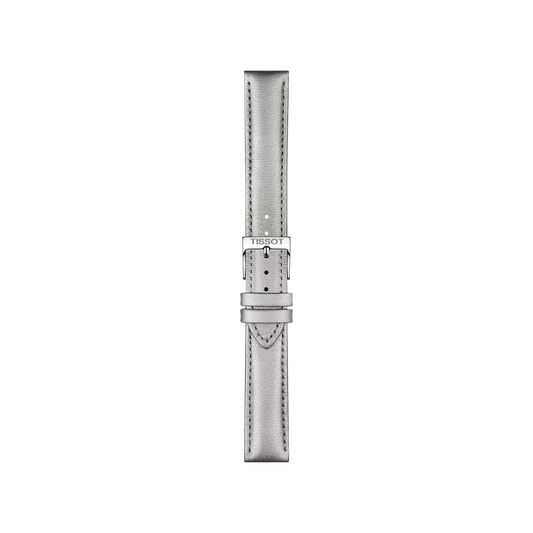 Tissot Official Grey Leather Strap with 16 mm lugs, featuring edge stitching, a polished buckle clasp engraved with "Tissot," and multiple adjustment holes, displayed vertically on a plain white background.