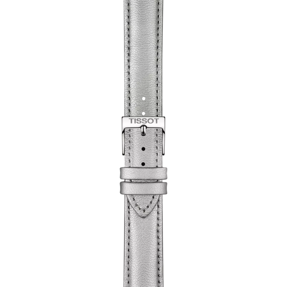A Tissot Official grey leather strap with 16 mm lugs and a metal buckle engraved with "TISSOT," displayed vertically on a white background.