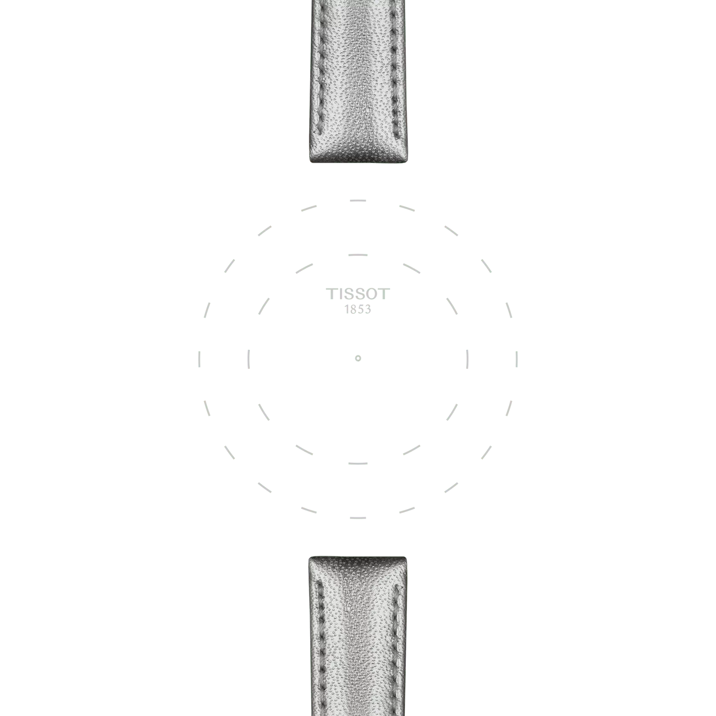 Minimalist image featuring only the brand name “TISSOT 1853” in the center, surrounded by dashed circles to mark the watch dial, with sleek grey leather watch straps (Tissot Official Grey Leather Strap Lugs 16 mm) extending from the top and bottom. No hands or numbers are shown.