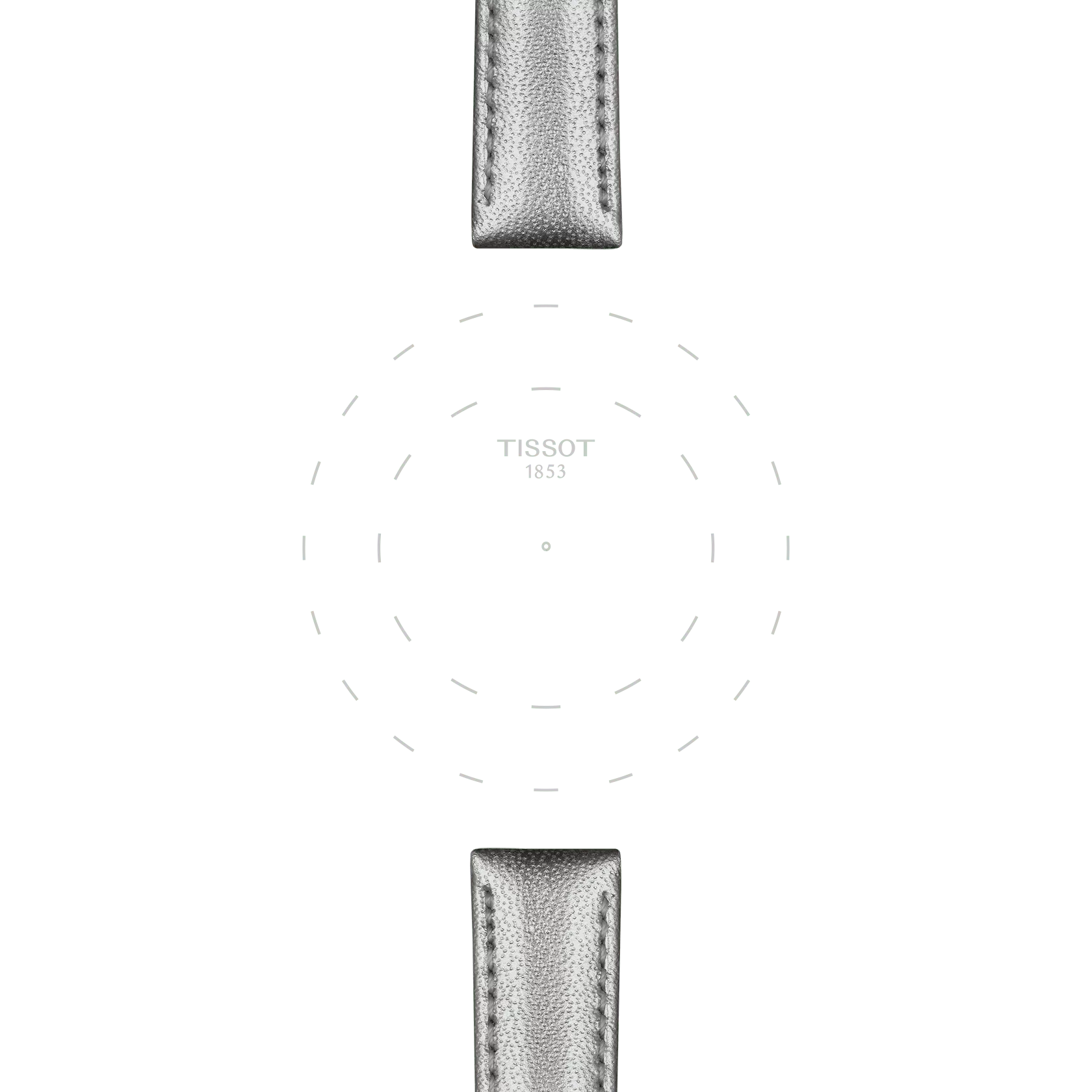 Minimalist image featuring only the brand name “TISSOT 1853” in the center, surrounded by dashed circles to mark the watch dial, with sleek grey leather watch straps (Tissot Official Grey Leather Strap Lugs 16 mm) extending from the top and bottom. No hands or numbers are shown.