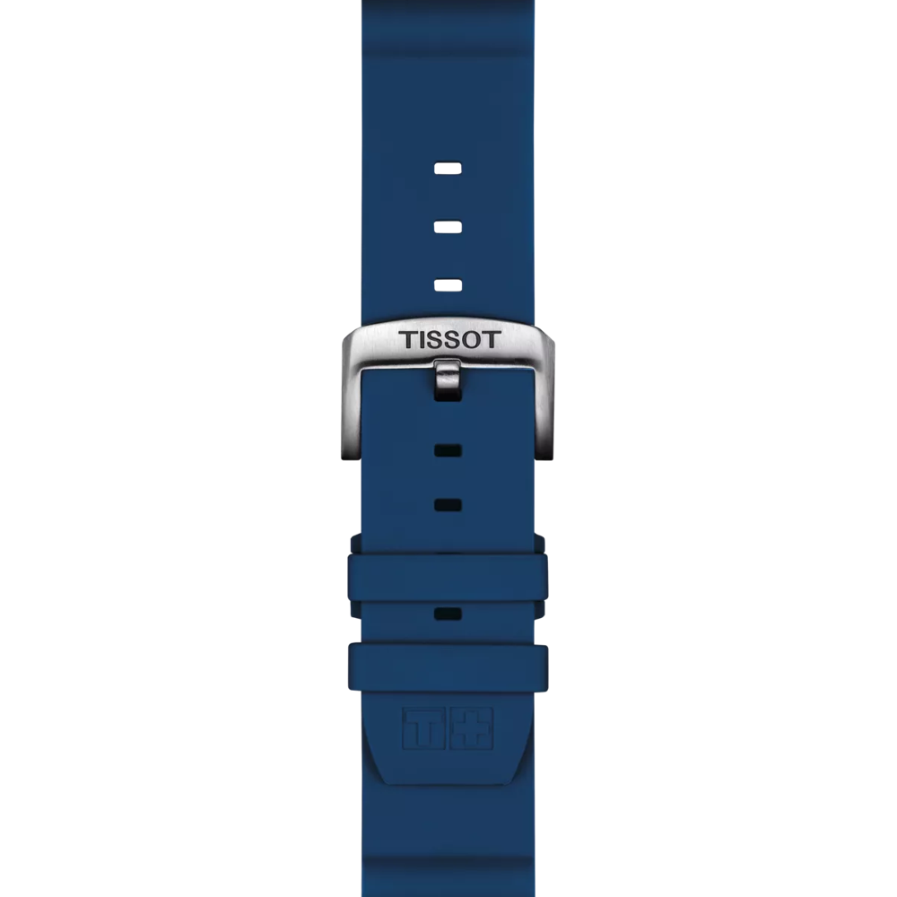 The Tissot Official Blue Silicone Strap features a 22 mm lug width, multiple adjustment holes, and a silver buckle engraved with "TISSOT." A square logo is embossed near the end of the strap. The product is displayed against a white background.