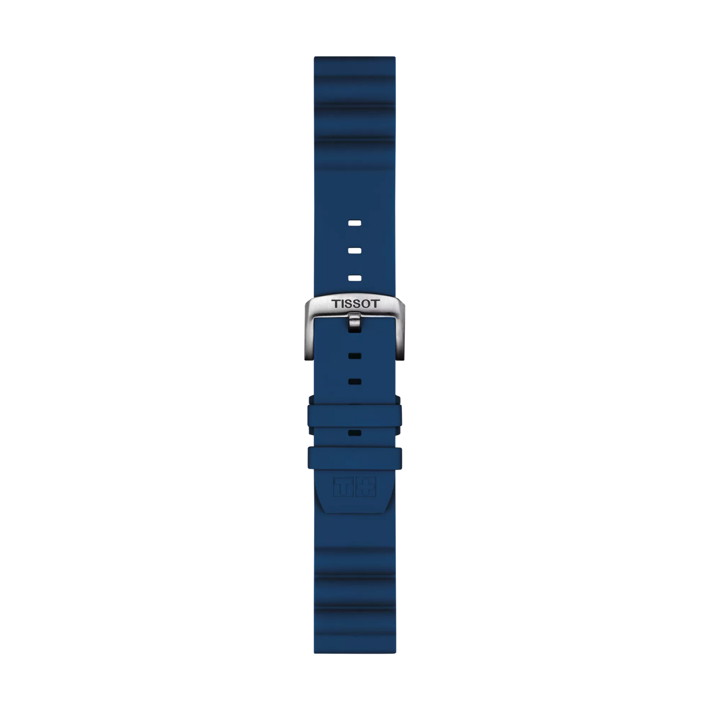 The Tissot Official Blue Silicone Strap (Lugs 22 mm) by Tissot features a textured design and multiple adjustment holes. It includes a silver buckle engraved with "Tissot," all displayed against a plain white background.