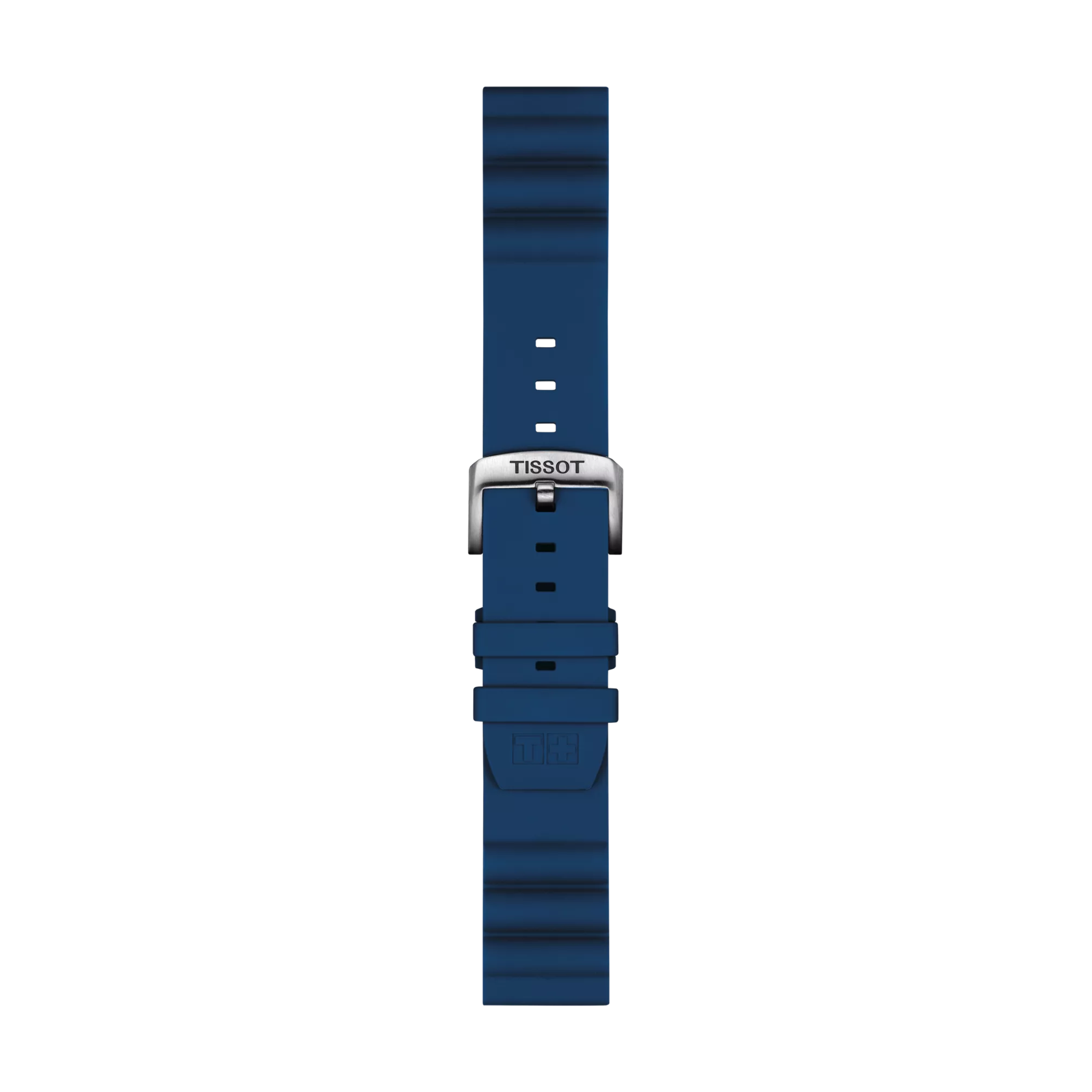 The Tissot Official Blue Silicone Strap (Lugs 22 mm) by Tissot features a textured design and multiple adjustment holes. It includes a silver buckle engraved with "Tissot," all displayed against a plain white background.
