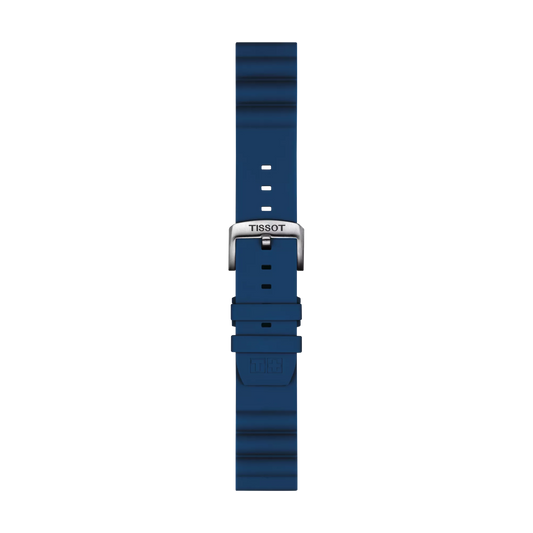 The Tissot Official Blue Silicone Strap (Lugs 22 mm) by Tissot features a textured design and multiple adjustment holes. It includes a silver buckle engraved with "Tissot," all displayed against a plain white background.