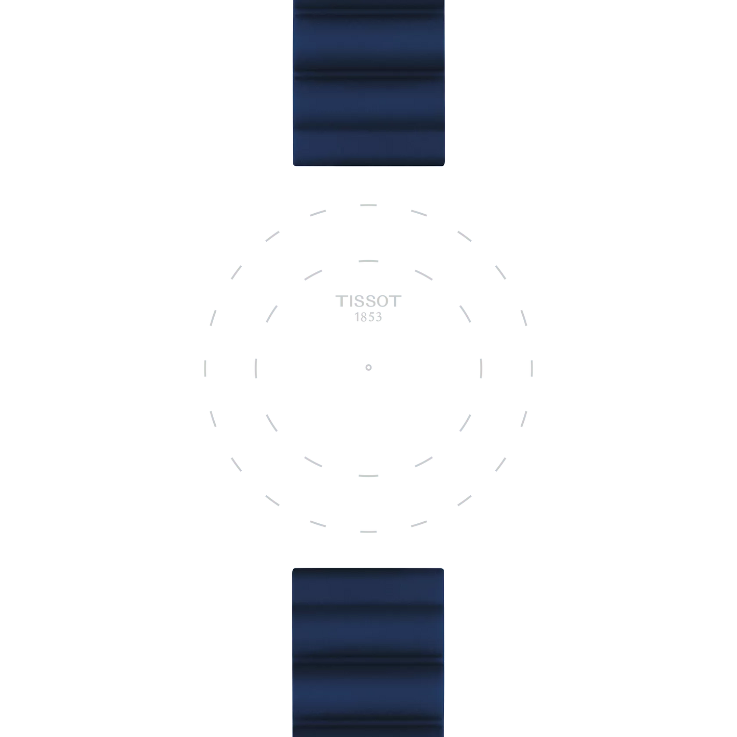 A minimalistic watch face from Tissot featuring "TISSOT 1853" at the center, light dashed circular lines, and two blue silicone bands—taken from the Tissot Official Blue Silicone Strap Lugs 22 mm—highlighting the top and bottom of the image.