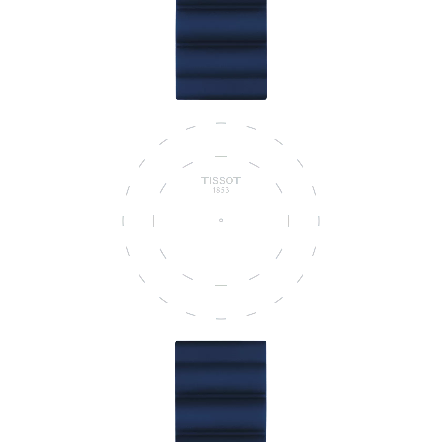 A minimalistic watch face from Tissot featuring "TISSOT 1853" at the center, light dashed circular lines, and two blue silicone bands—taken from the Tissot Official Blue Silicone Strap Lugs 22 mm—highlighting the top and bottom of the image.