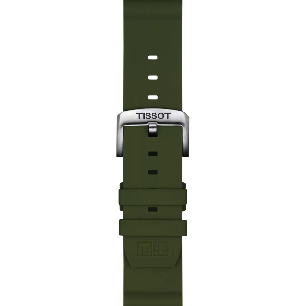 A Tissot Official Khaki Silicone Strap (22 mm lugs) with a silver buckle is shown from above. The buckle features the engraved Tissot logo, and the green strap includes multiple adjustment holes and embossed detailing at the end.