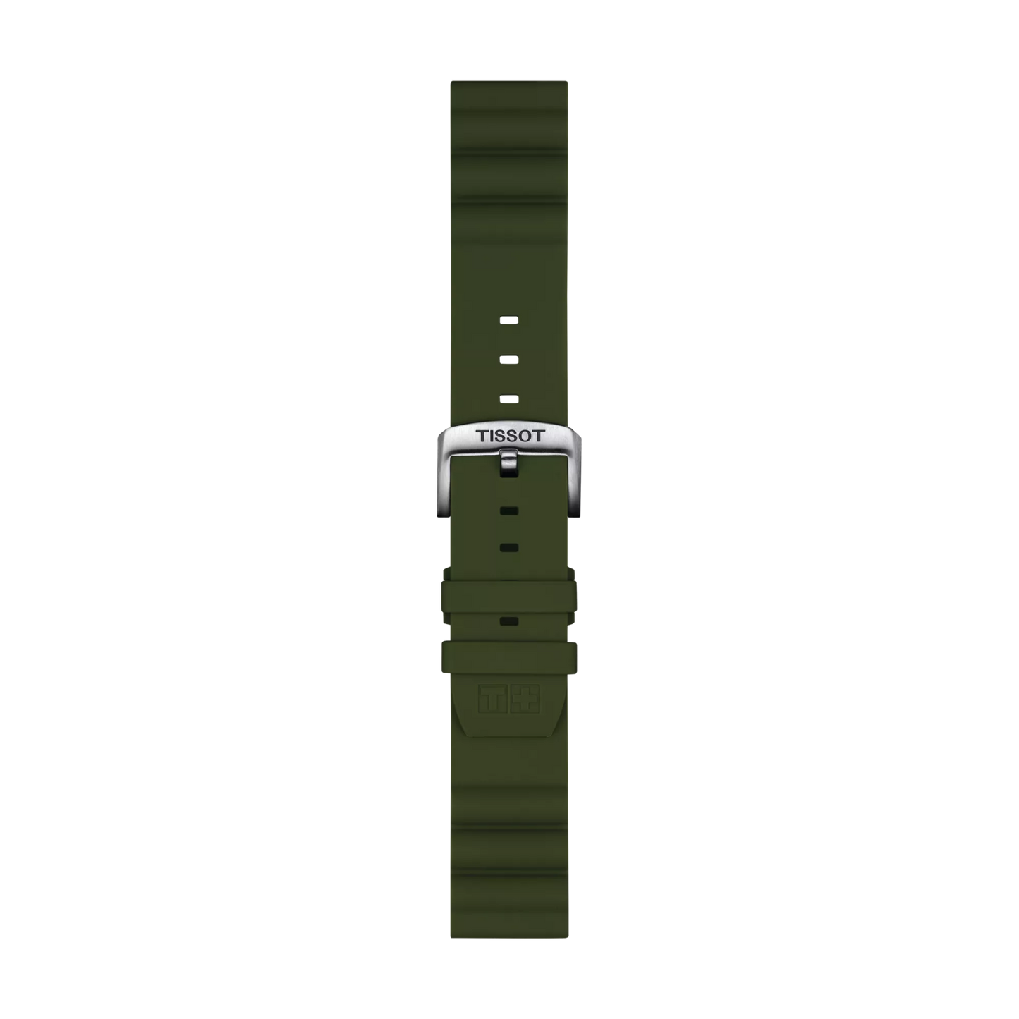 Tissot Official Khaki Silicone Strap with 22 mm lugs, featuring multiple holes for size adjustment and a silver buckle engraved with "TISSOT," shown against a white background.