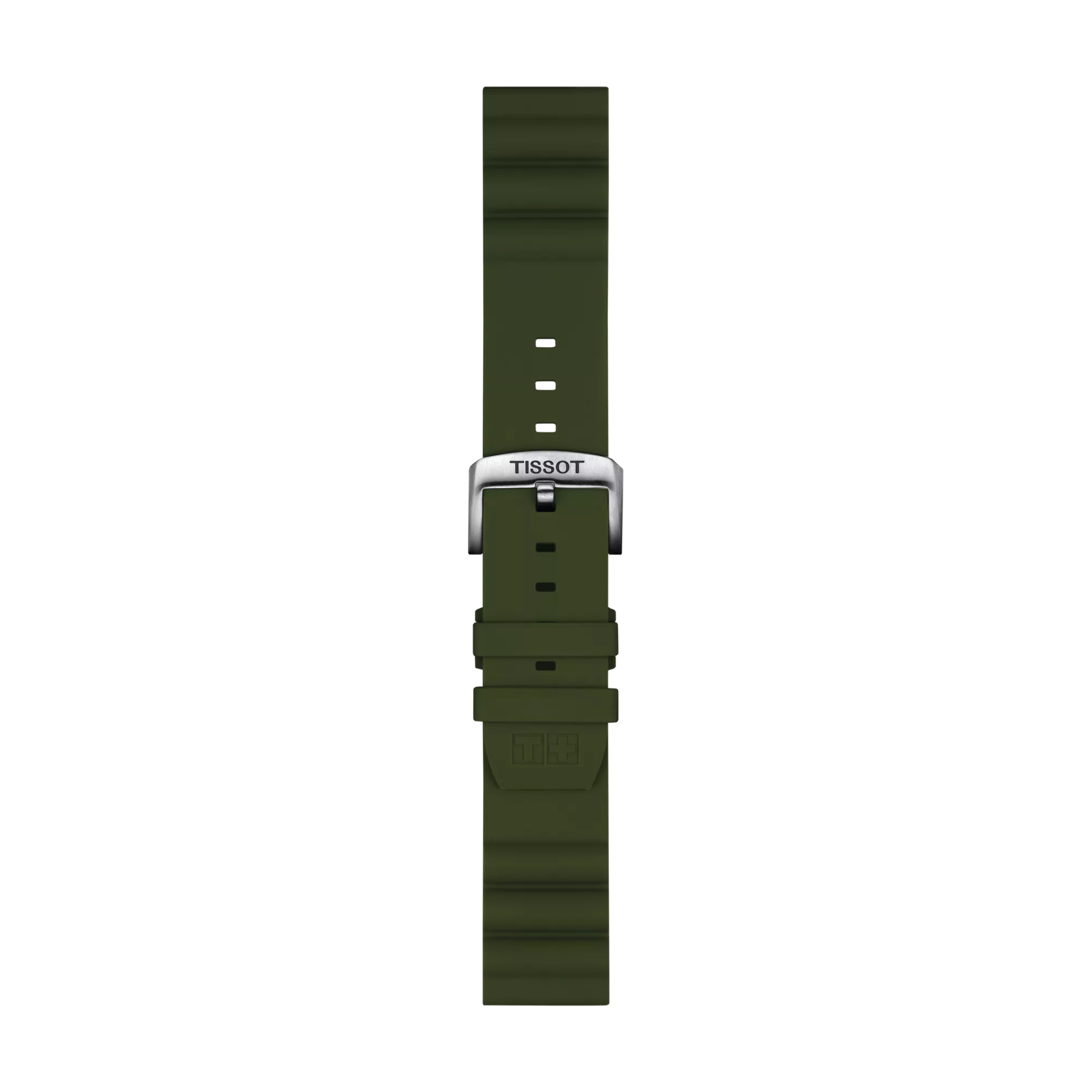 Tissot Official Khaki Silicone Strap with 22 mm lugs, featuring multiple holes for size adjustment and a silver buckle engraved with "TISSOT," shown against a white background.