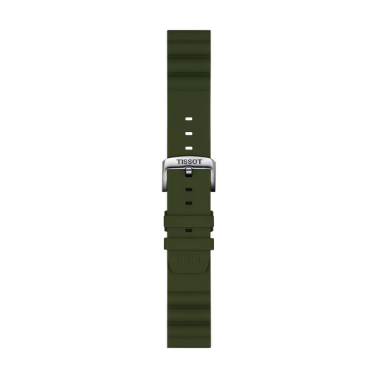 Tissot Official Khaki Silicone Strap with 22 mm lugs, featuring multiple holes for size adjustment and a silver buckle engraved with "TISSOT," shown against a white background.
