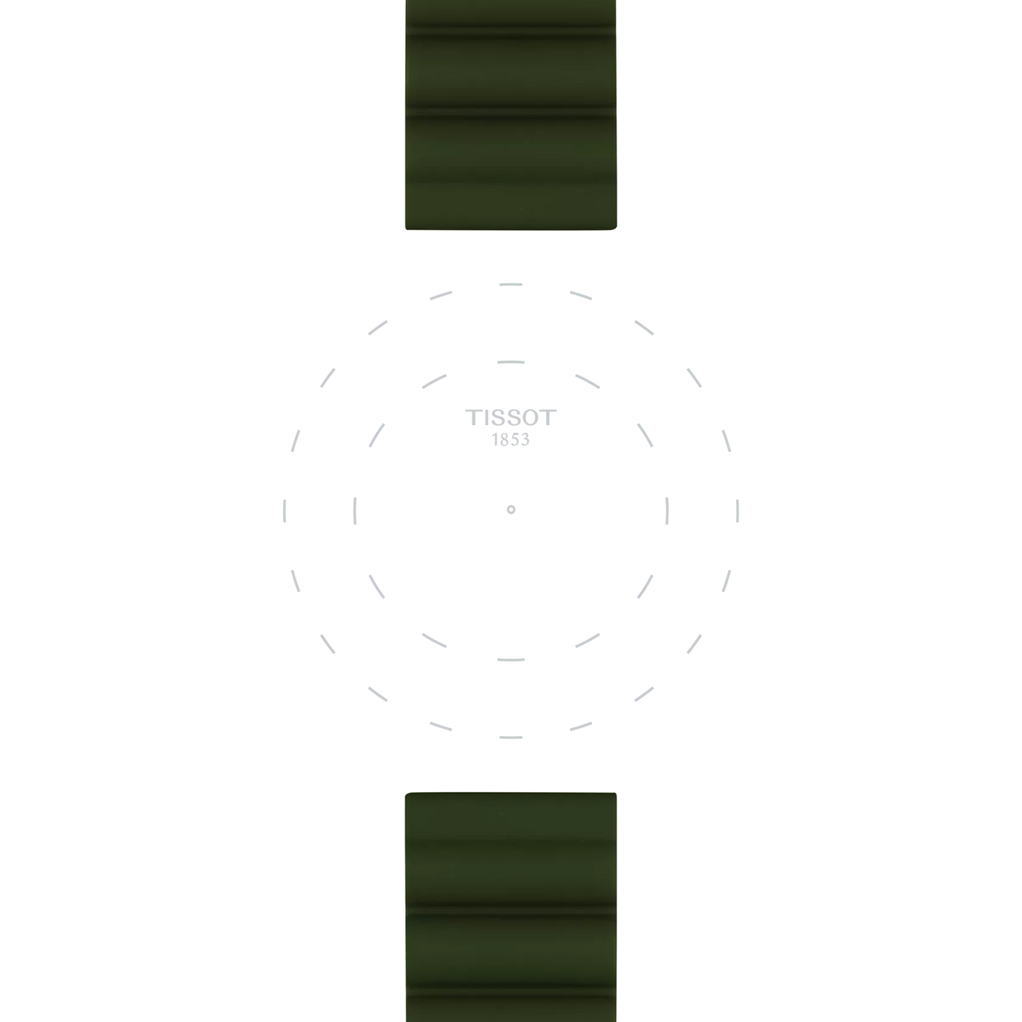 Minimalist image of a watch face featuring "TISSOT 1853" at the center, dotted guidelines for hour markers, no hands or numbers, and the Tissot Official Khaki Silicone Strap (22 mm lugs) visible at the top and bottom.
