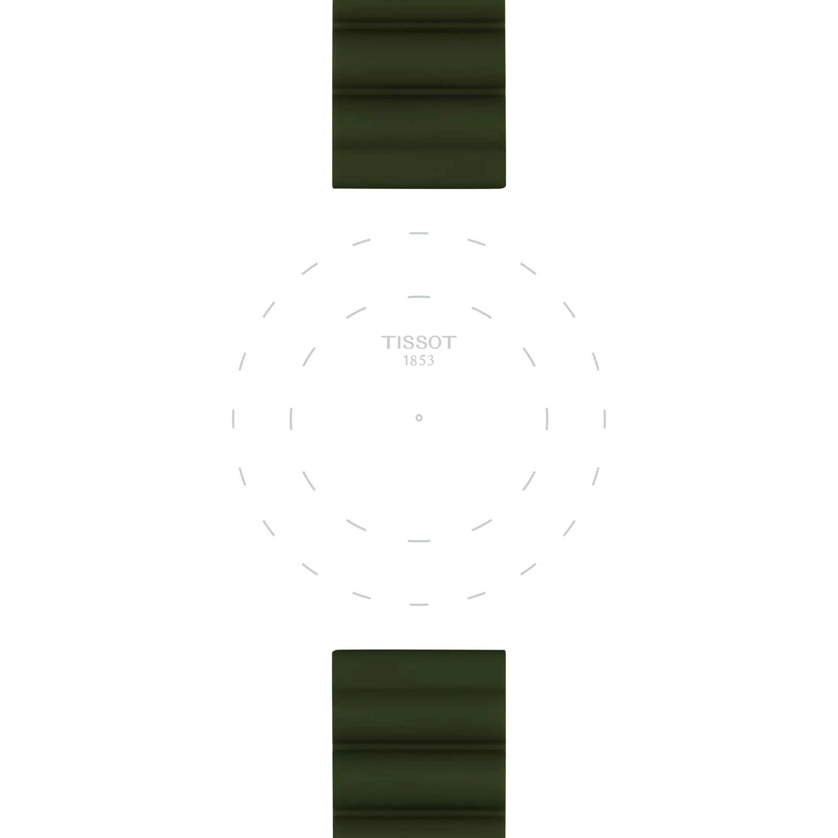 Minimalist image of a watch face featuring "TISSOT 1853" at the center, dotted guidelines for hour markers, no hands or numbers, and the Tissot Official Khaki Silicone Strap (22 mm lugs) visible at the top and bottom.