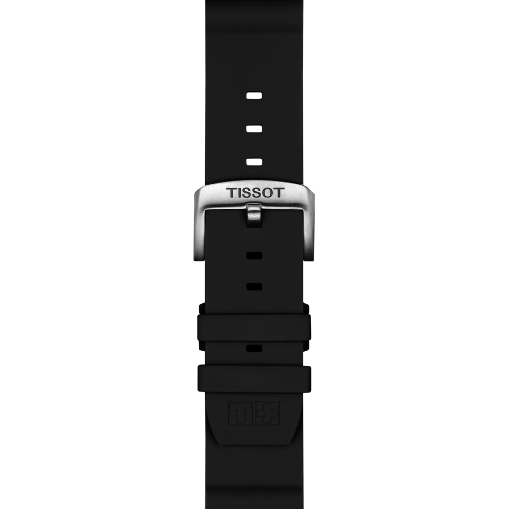 The Tissot Official Black Silicone Strap (22 mm lugs) is displayed vertically against a white background. Featuring adjustment holes, the strap is paired with a silver buckle engraved with the Tissot logo.