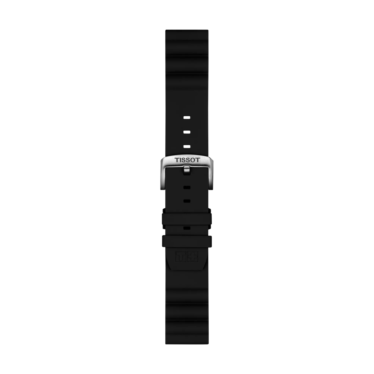 Tissot Official Black Silicone Strap (Lugs 22 mm) featuring a silver Tissot-branded buckle, displayed on a white background. The strap has multiple adjustment holes and a subtle Tissot logo is visible.