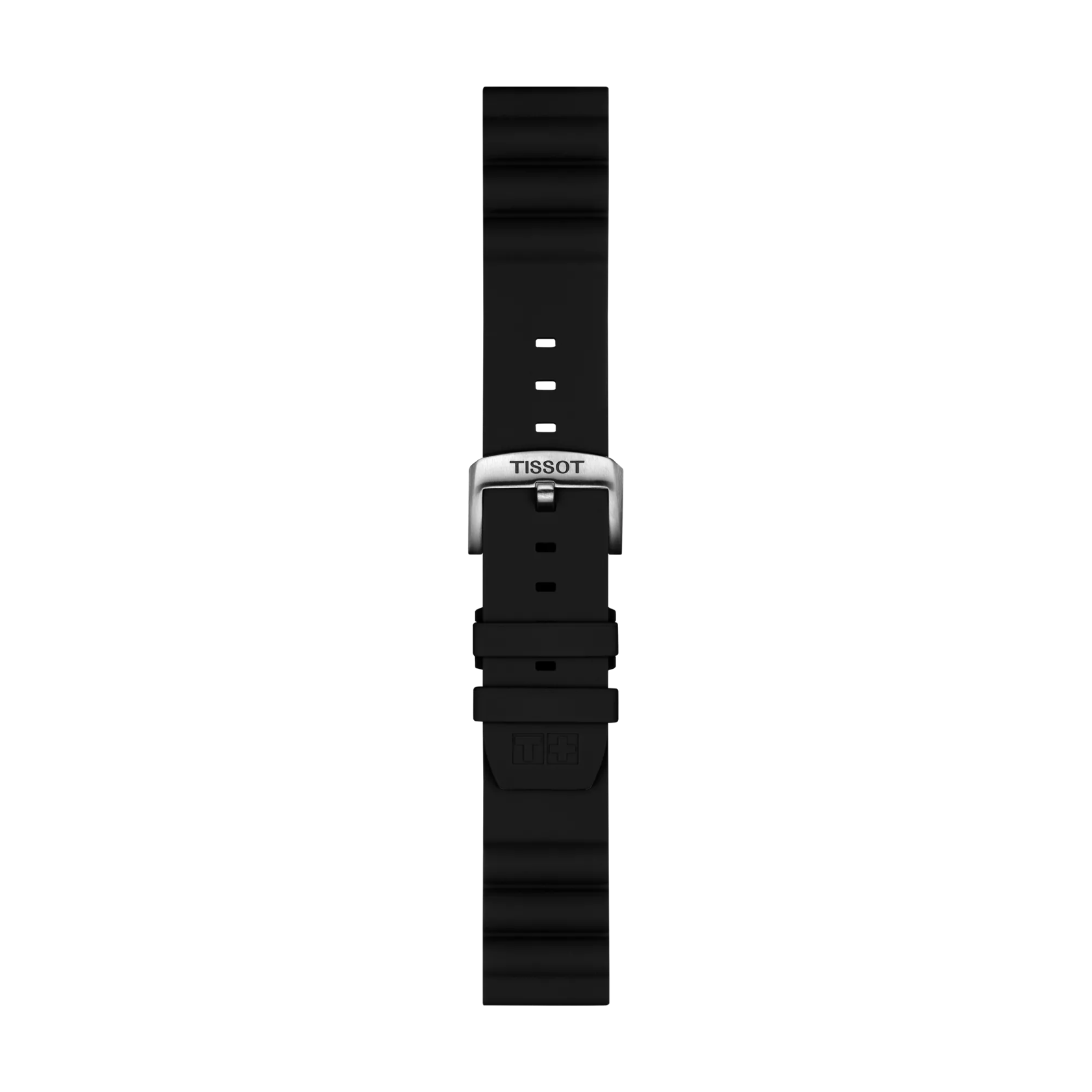 Tissot Official Black Silicone Strap (Lugs 22 mm) featuring a silver Tissot-branded buckle, displayed on a white background. The strap has multiple adjustment holes and a subtle Tissot logo is visible.