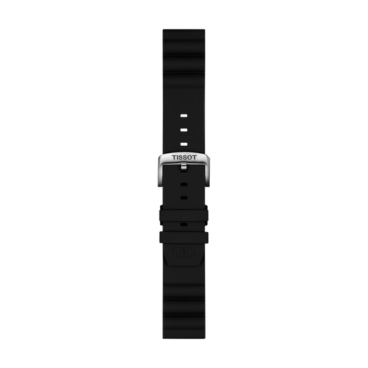 Tissot Official Black Silicone Strap (Lugs 22 mm) featuring a silver Tissot-branded buckle, displayed on a white background. The strap has multiple adjustment holes and a subtle Tissot logo is visible.