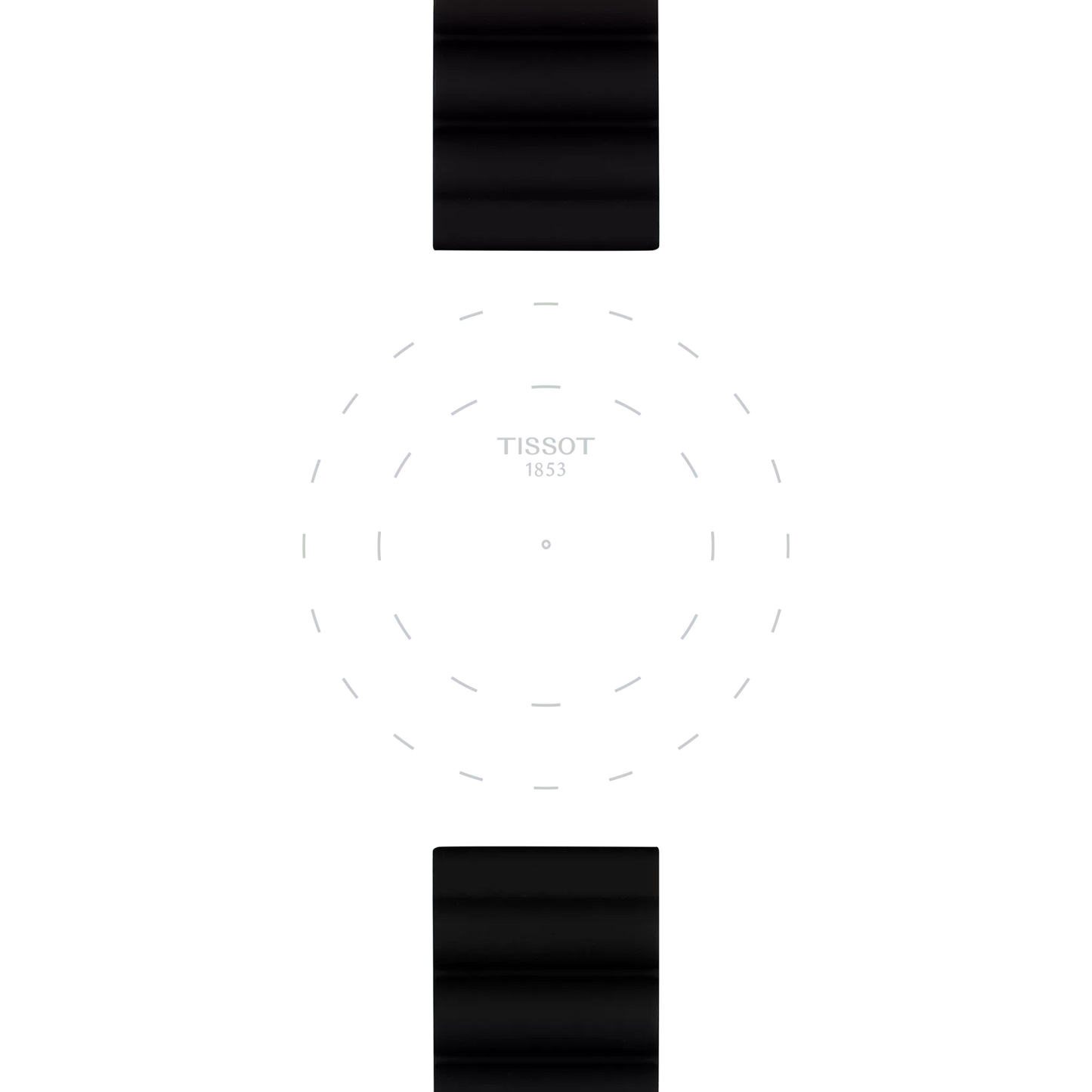 Featuring a minimalist watch face with “TISSOT 1853” centered, encircled by dashed hour markers. The top and bottom black bands evoke the Tissot Official Black Silicone Strap Lugs 22 mm, set against a plain white background. No clock hands are shown.