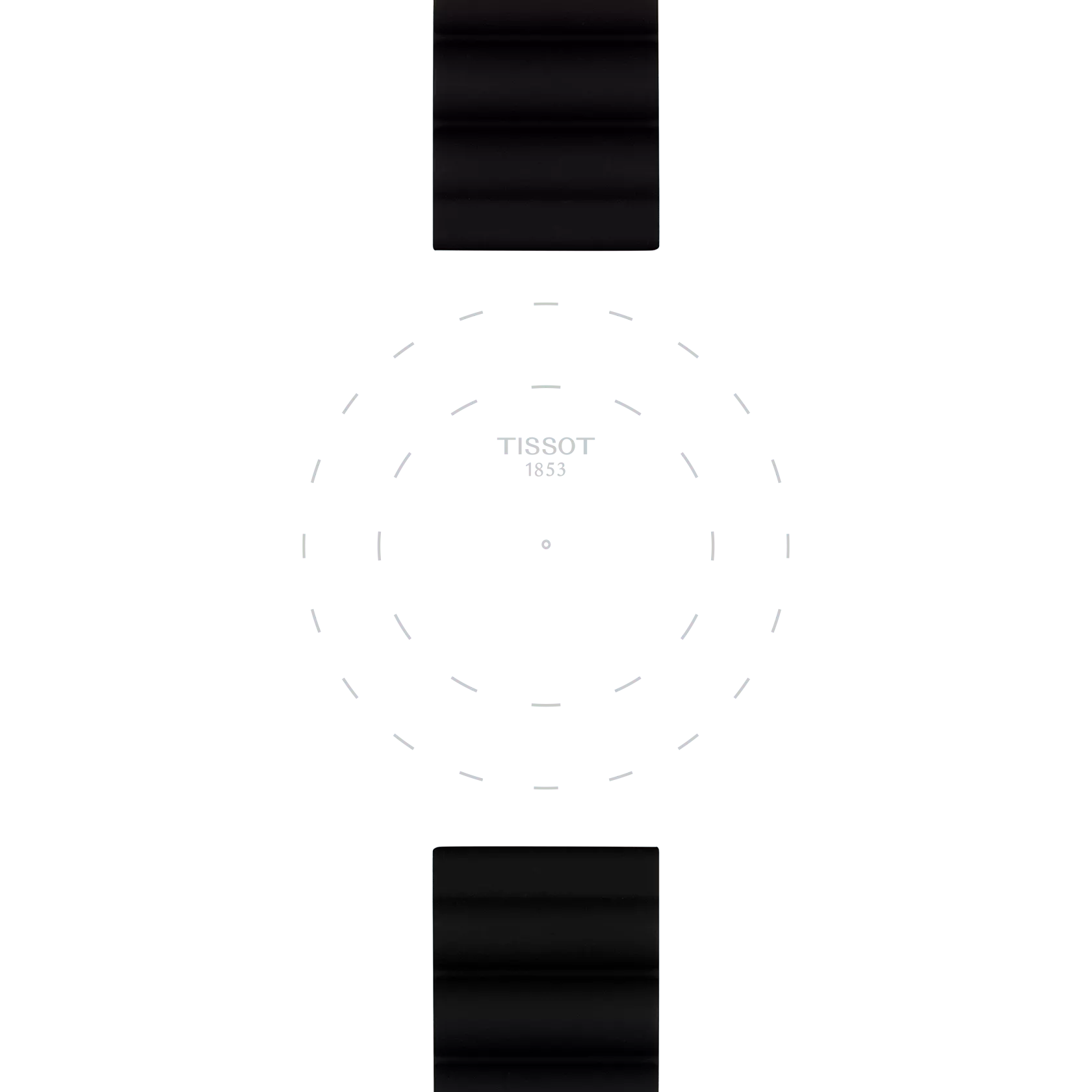 Featuring a minimalist watch face with “TISSOT 1853” centered, encircled by dashed hour markers. The top and bottom black bands evoke the Tissot Official Black Silicone Strap Lugs 22 mm, set against a plain white background. No clock hands are shown.