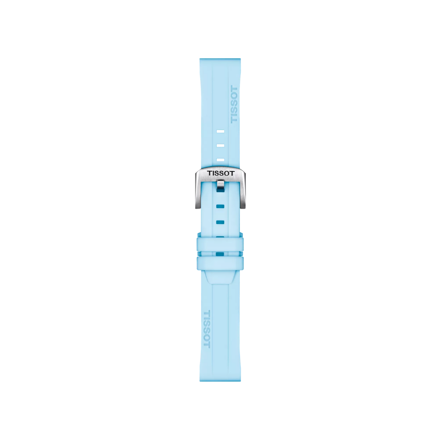 Official Tissot blue silicone strap with 22 mm lugs, featuring the Tissot logo on both the strap and silver buckle, displayed vertically against a plain white background.