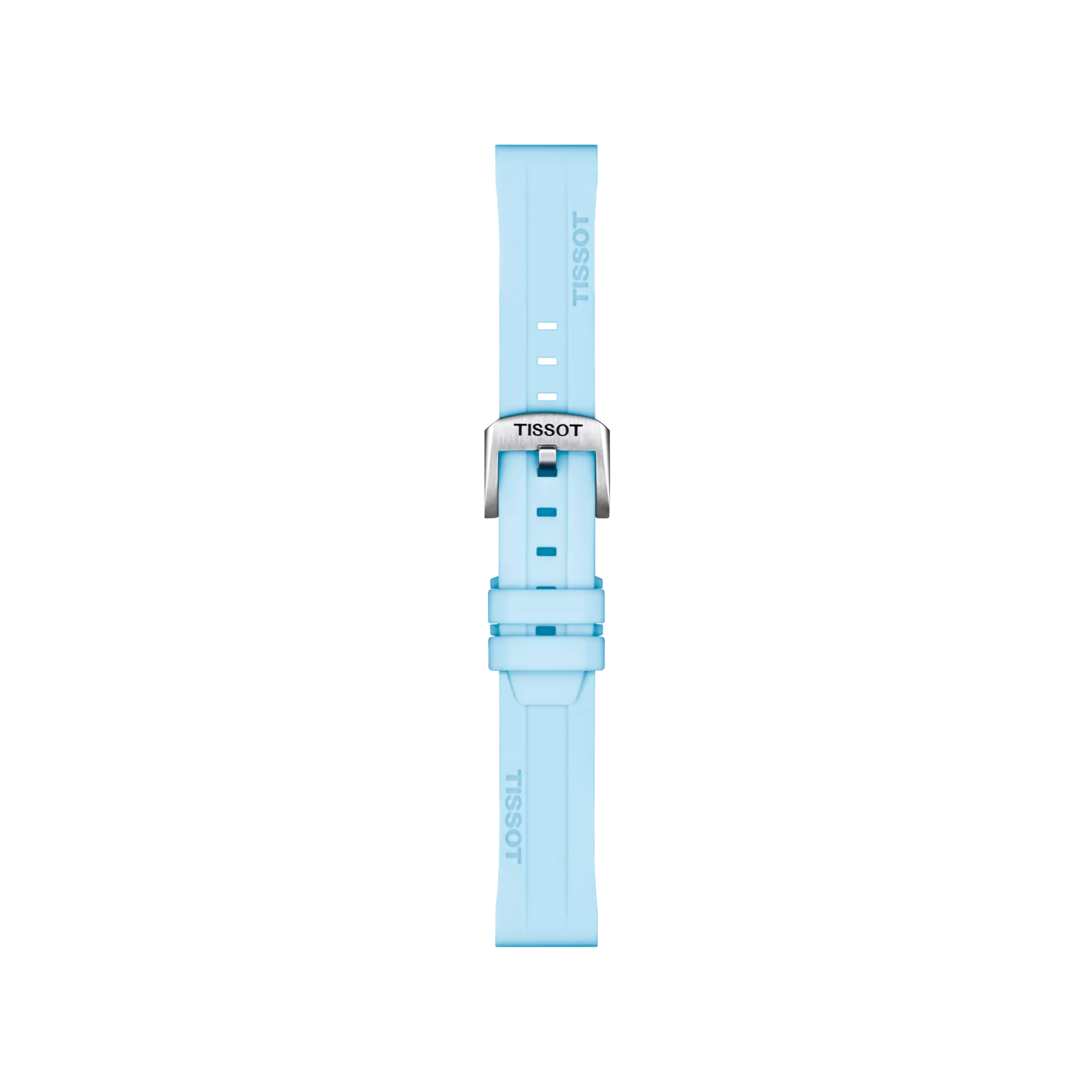 Official Tissot blue silicone strap with 22 mm lugs, featuring the Tissot logo on both the strap and silver buckle, displayed vertically against a plain white background.
