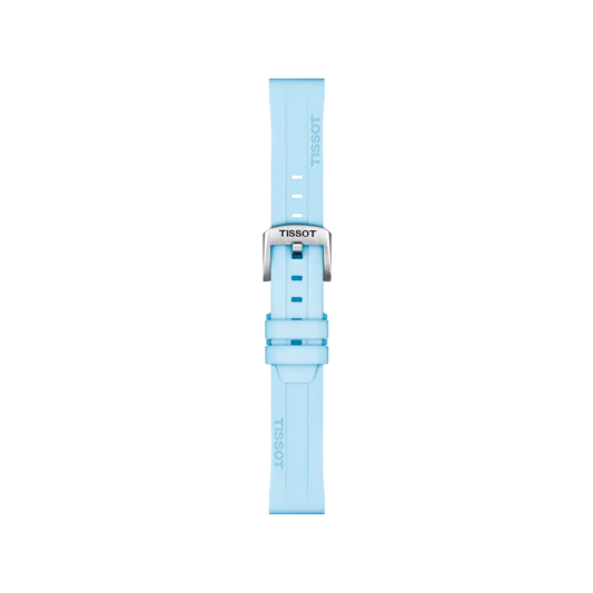 Official Tissot blue silicone strap with 22 mm lugs, featuring the Tissot logo on both the strap and silver buckle, displayed vertically against a plain white background.